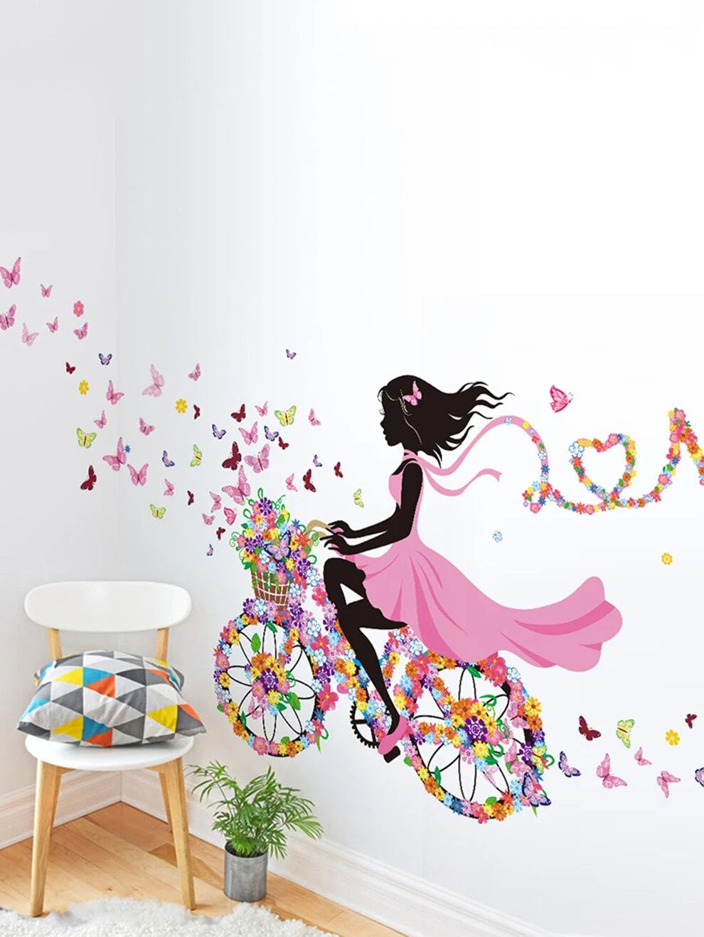 1pc Floral Girl Wall Decal, Modern Bicycle & Figure Graphic Paper Wall Sticker For Home Decoration