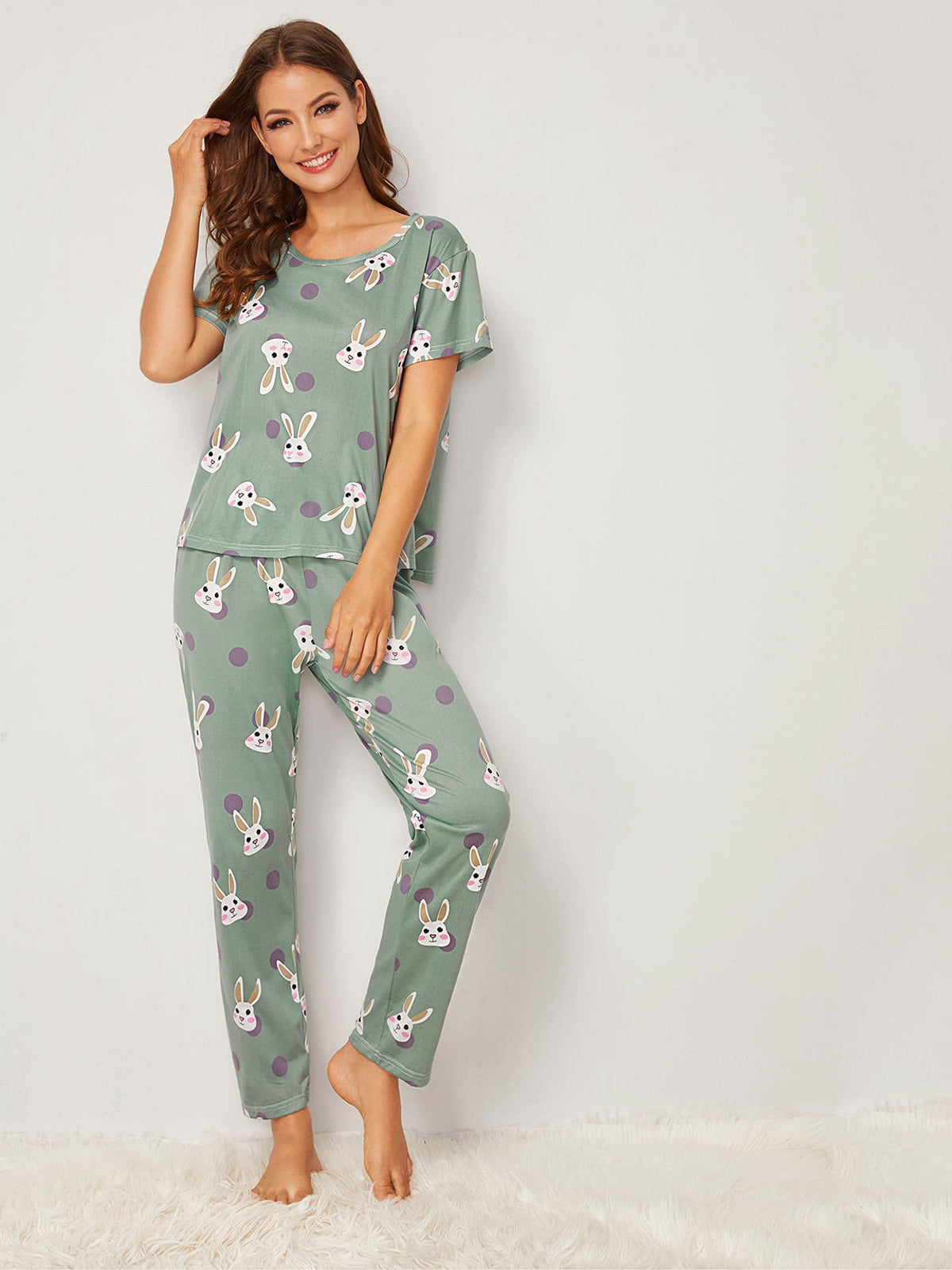 Rabbit Print Polka Dot Pajama Set