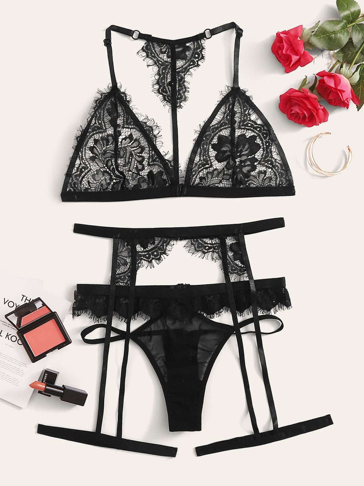 Classic Sexy Floral Lace Garter Lingerie Set