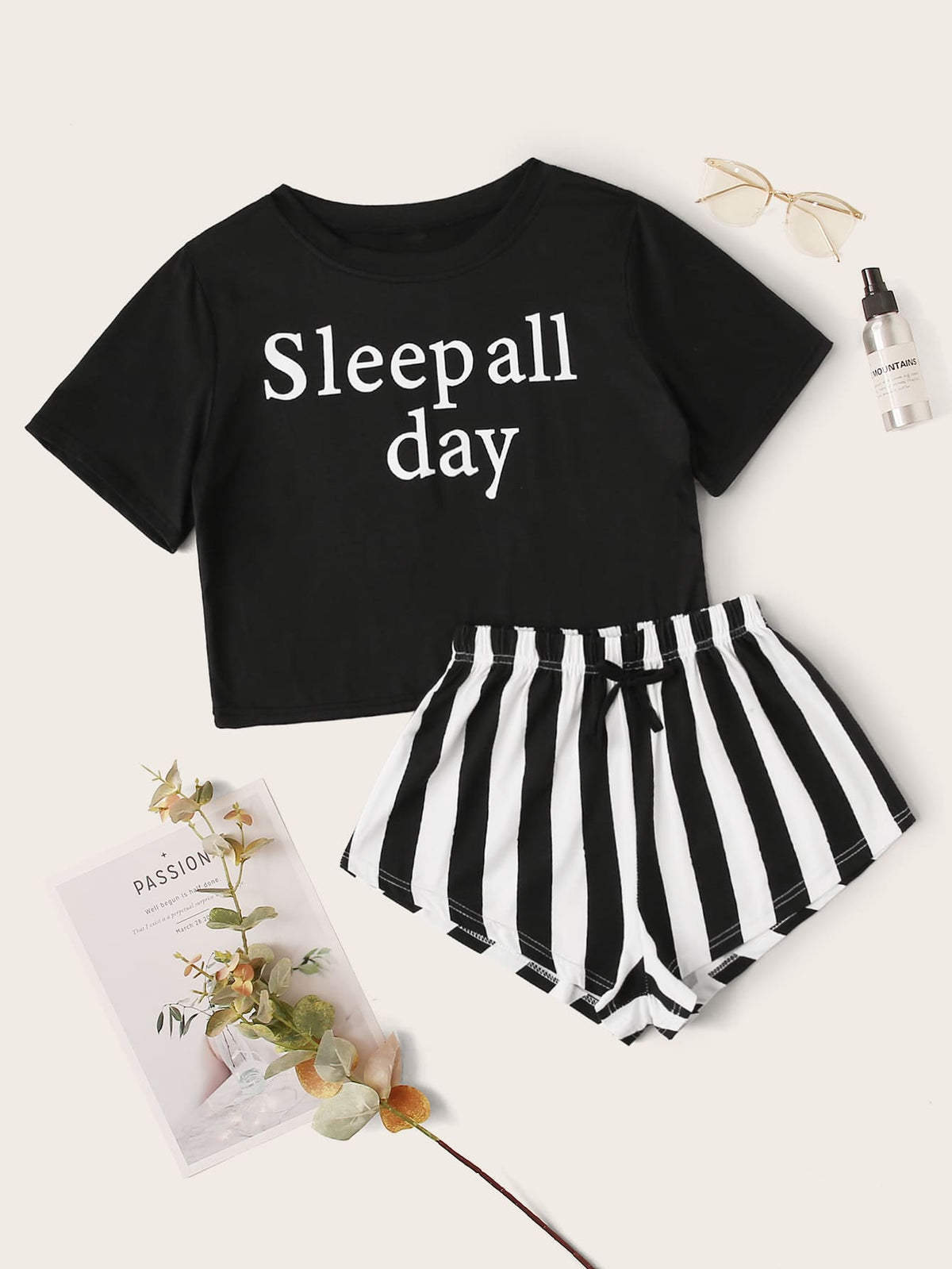 Letter & Stripe Print PJ Set / Pajama Set