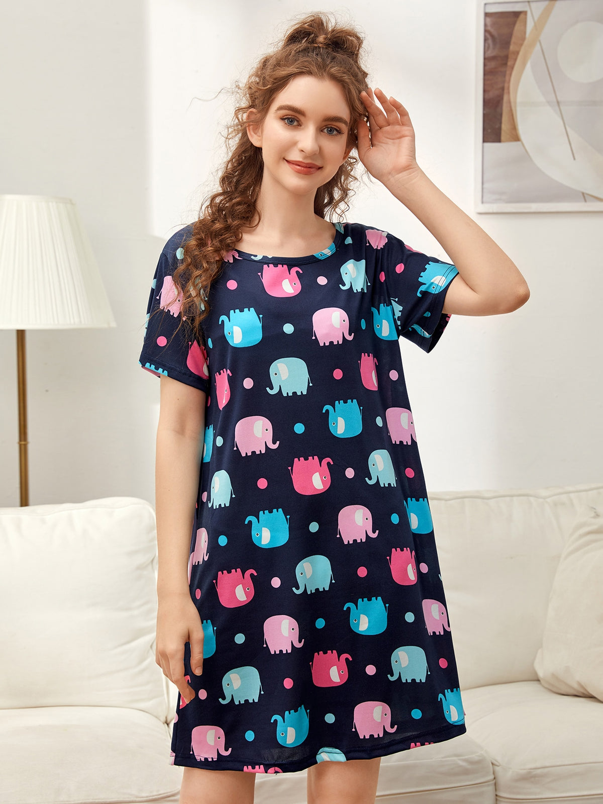 Cartoon Elephant Print Pajama Night Dress