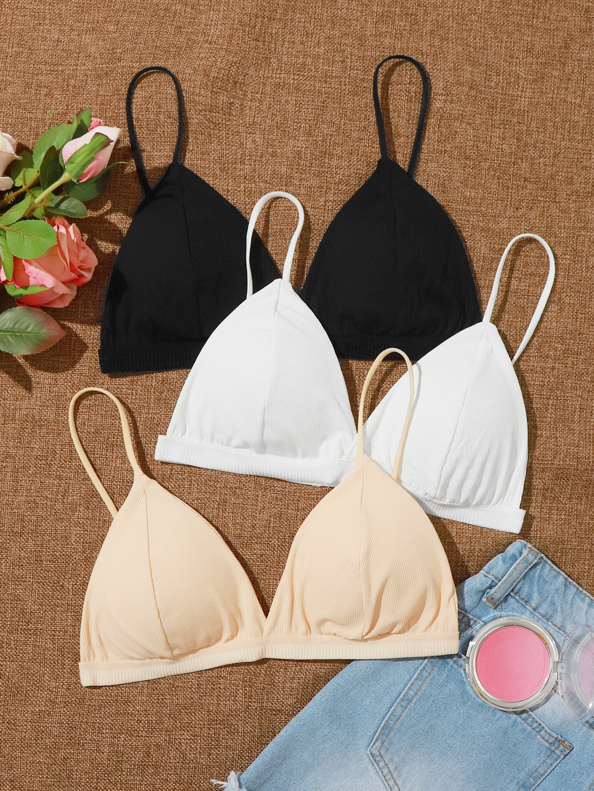 Ribbed Triangle Bralette Set - 3 Pack