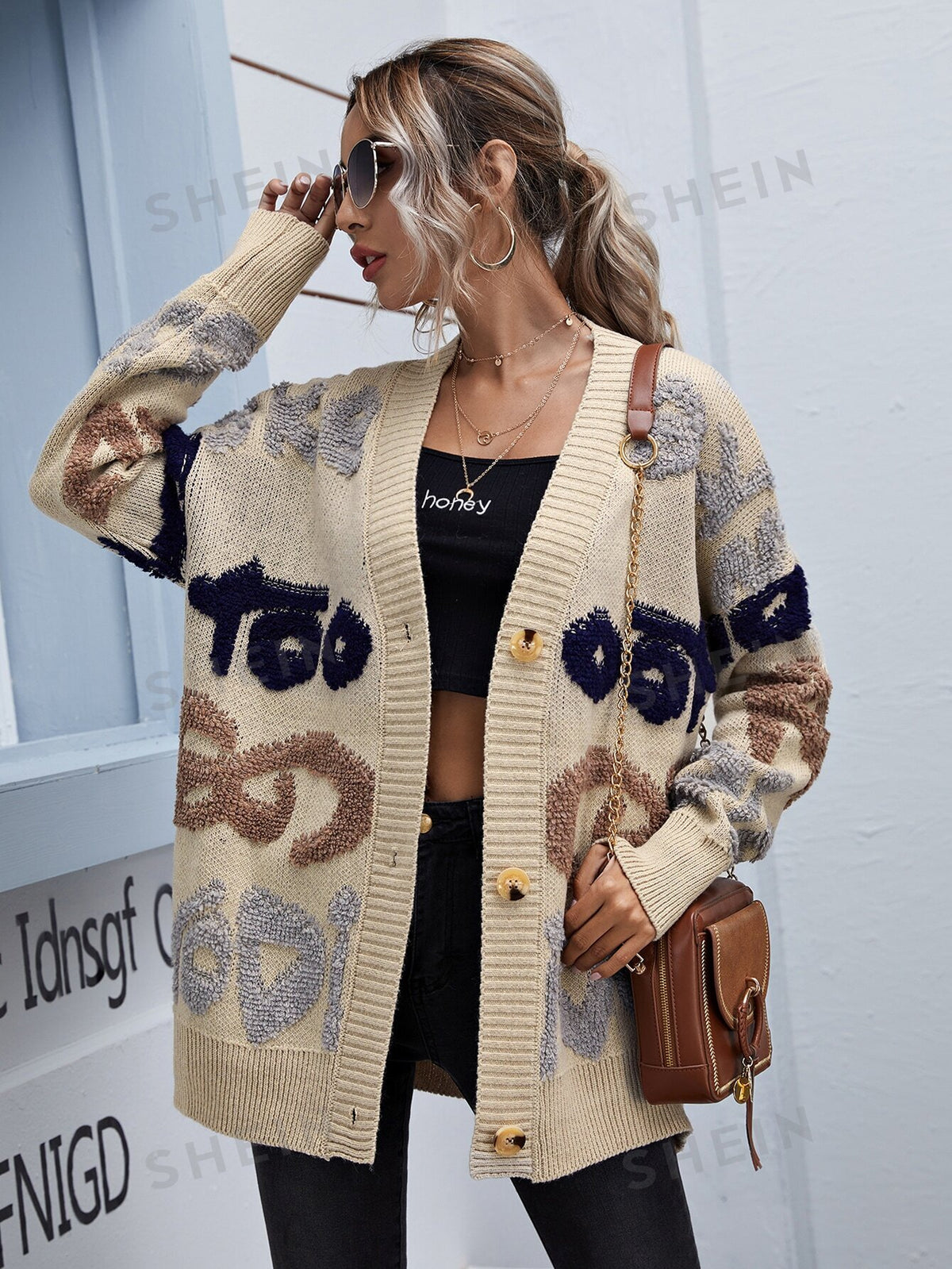 SHEIN Essnce Letter Pattern Button Through Cardigan