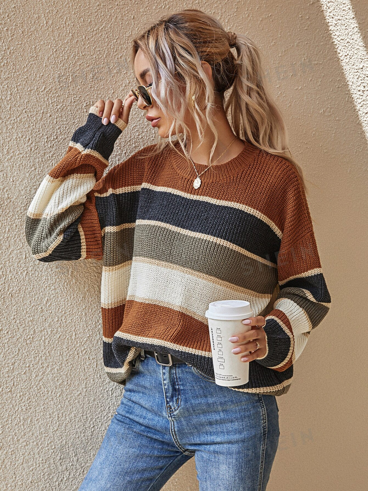 SHEIN LUNE Striped Pattern Oversized Sweater