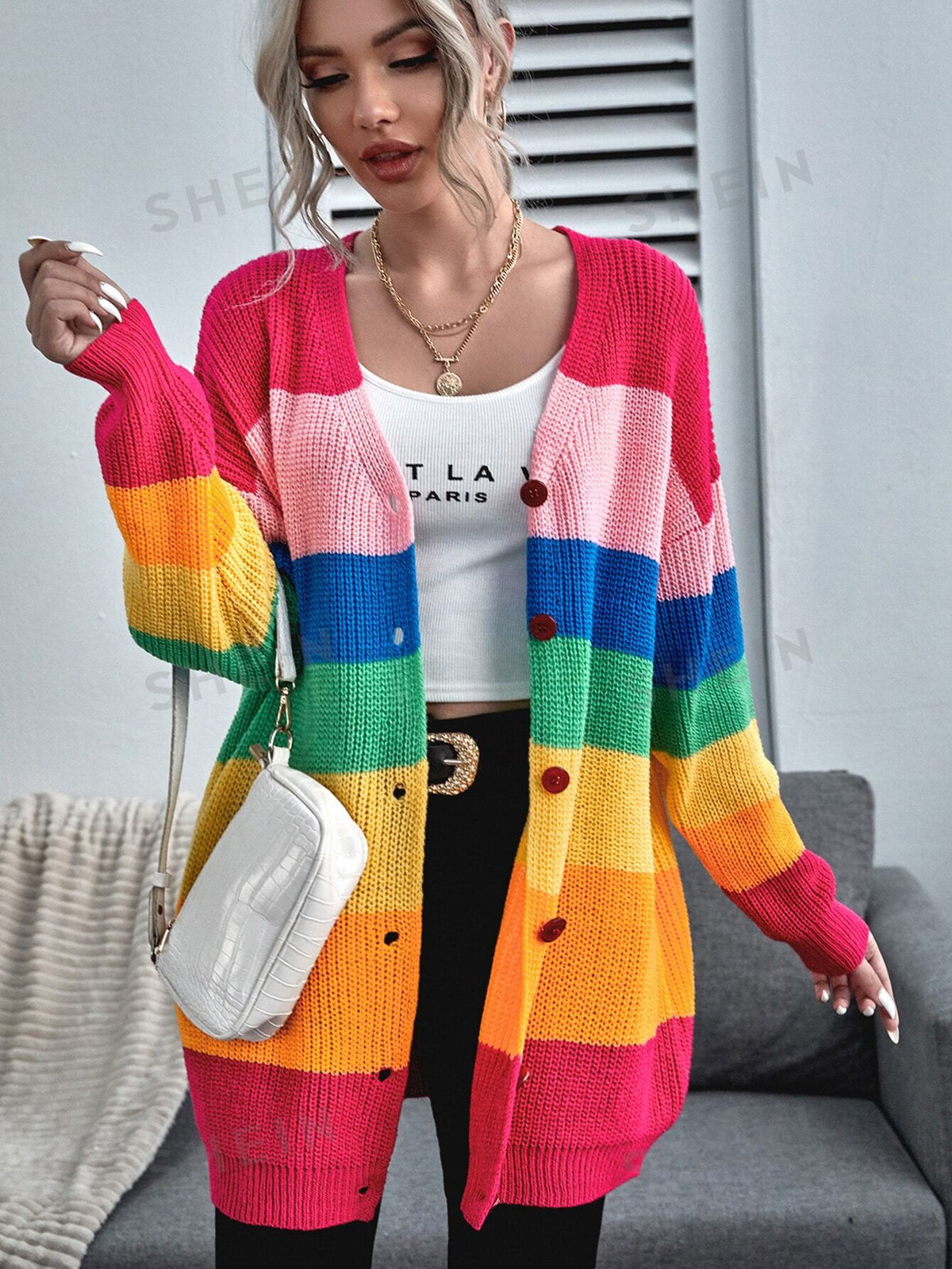 SHEIN Essnce Button Front Drop Shoulder Rainbow Stripe Cardigan