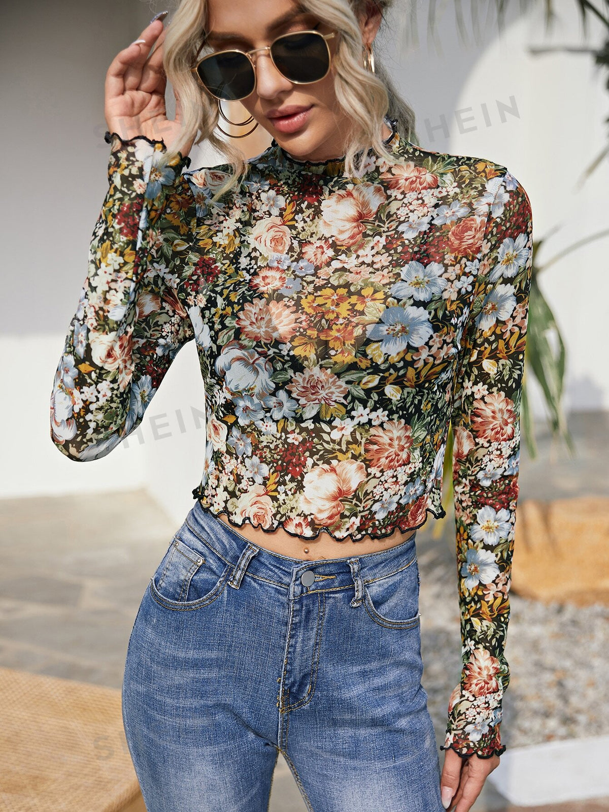 SHEIN Privé Lettuce Edge Floral Mesh Top