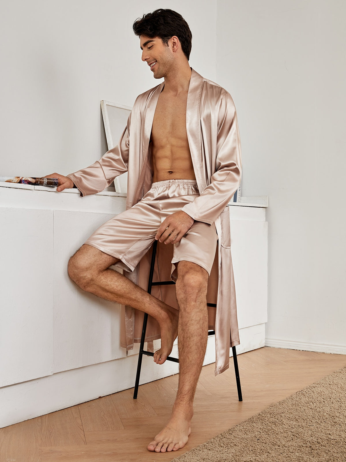 Men Satin Dual Pockets Belted Night Robe With Shorts