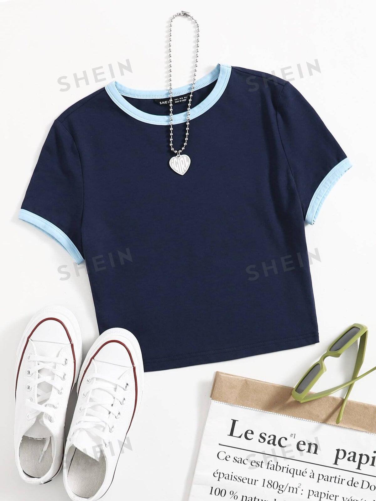 SHEIN EZwear Round Neck Ringer Tee