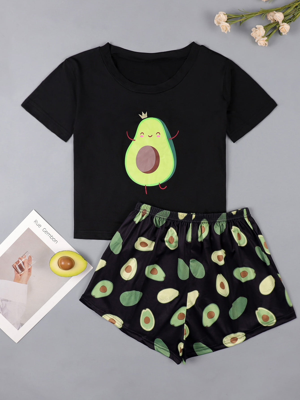 Cartoon And Avocado Print Pajama Set