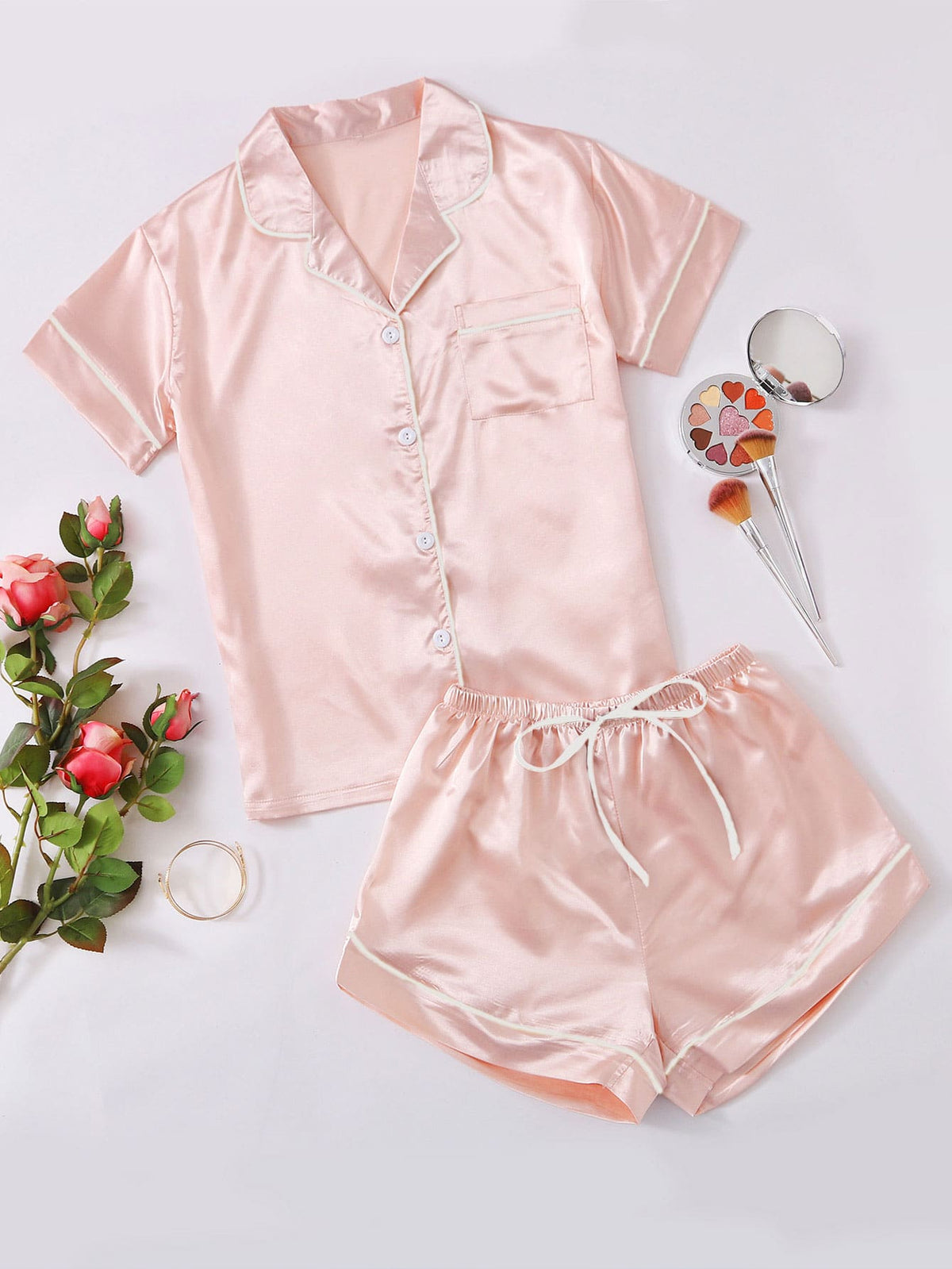 Contrast Binding Button Front Satin PJ Set / Pajama Set