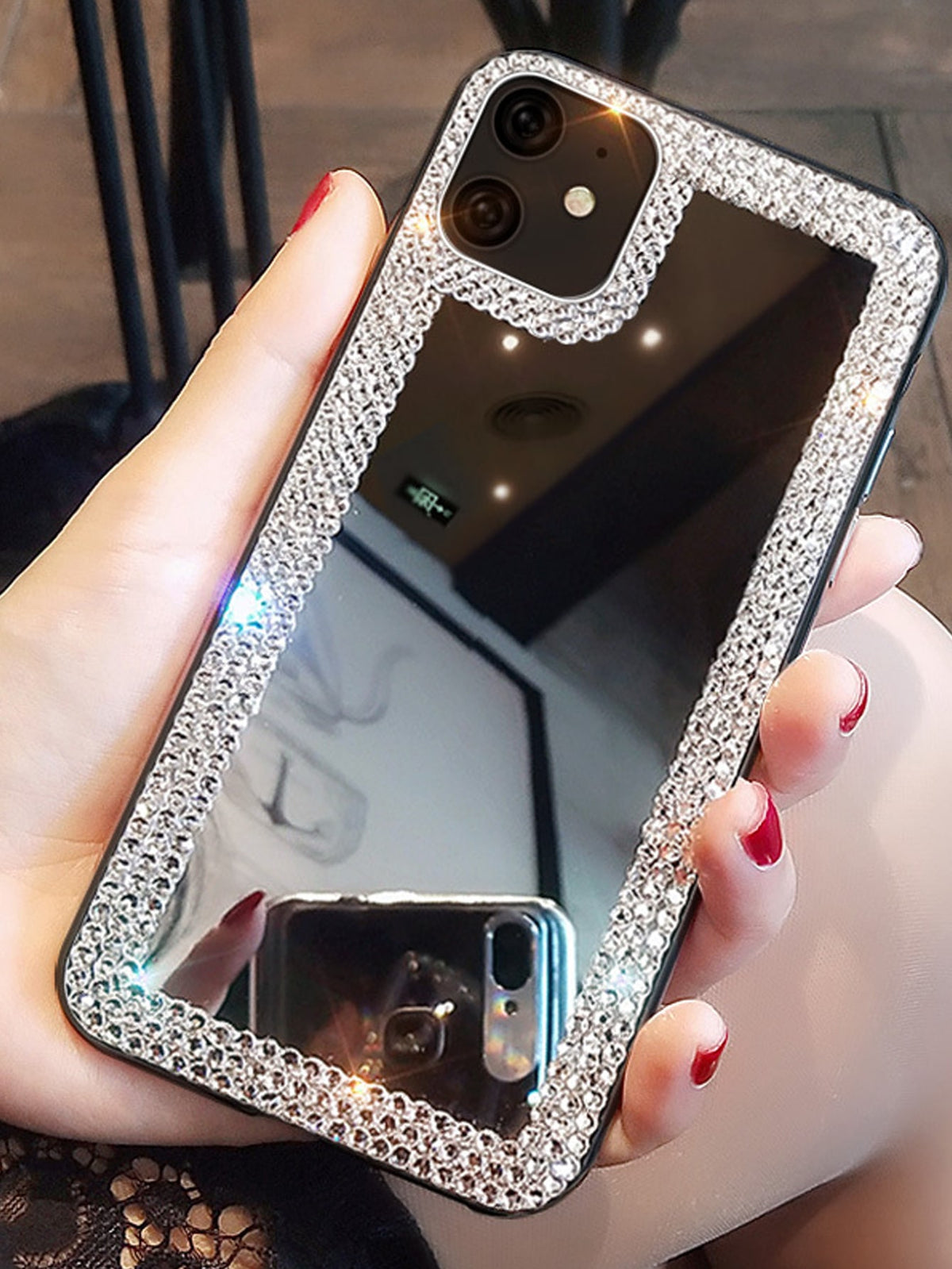 Fashionable Luxury Three-row Framed Phone Case With Mirror compatible with iphone 15 Pro Max / Iphone 14 Plus