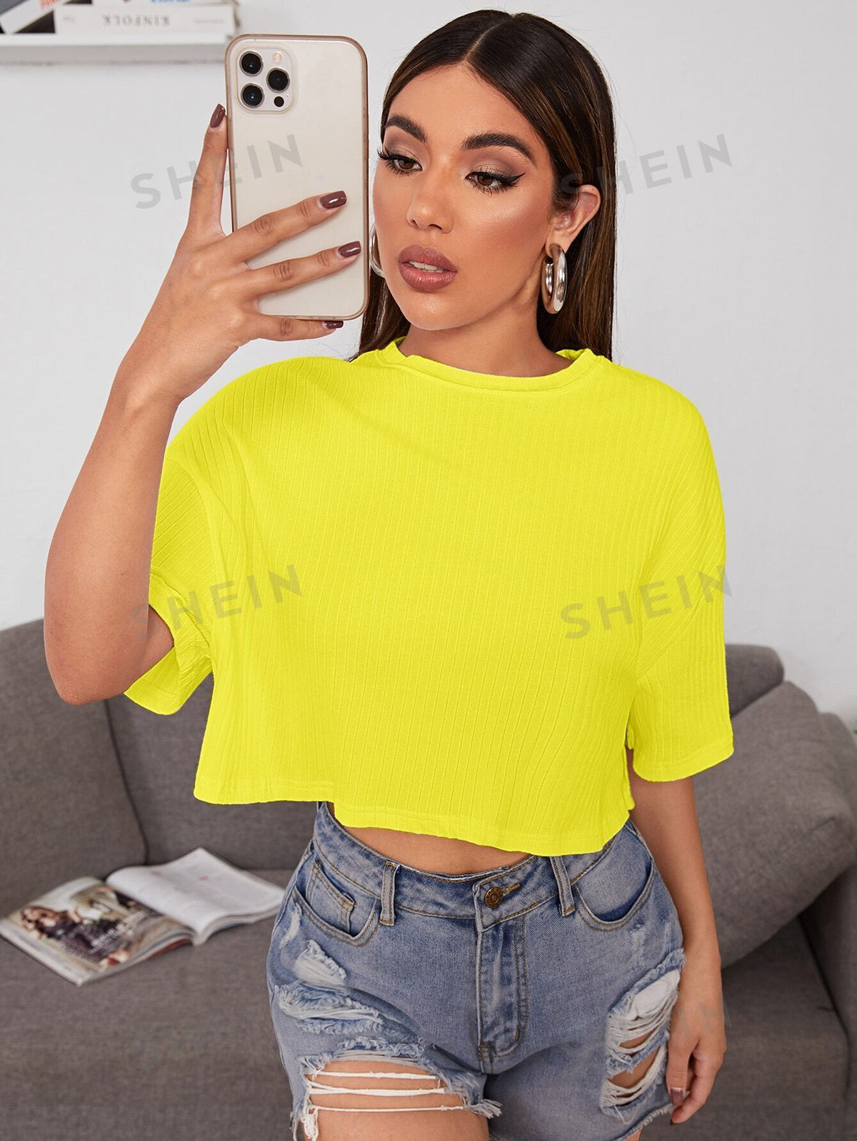 SHEIN EZwear Blusa Manga Curta Canelada