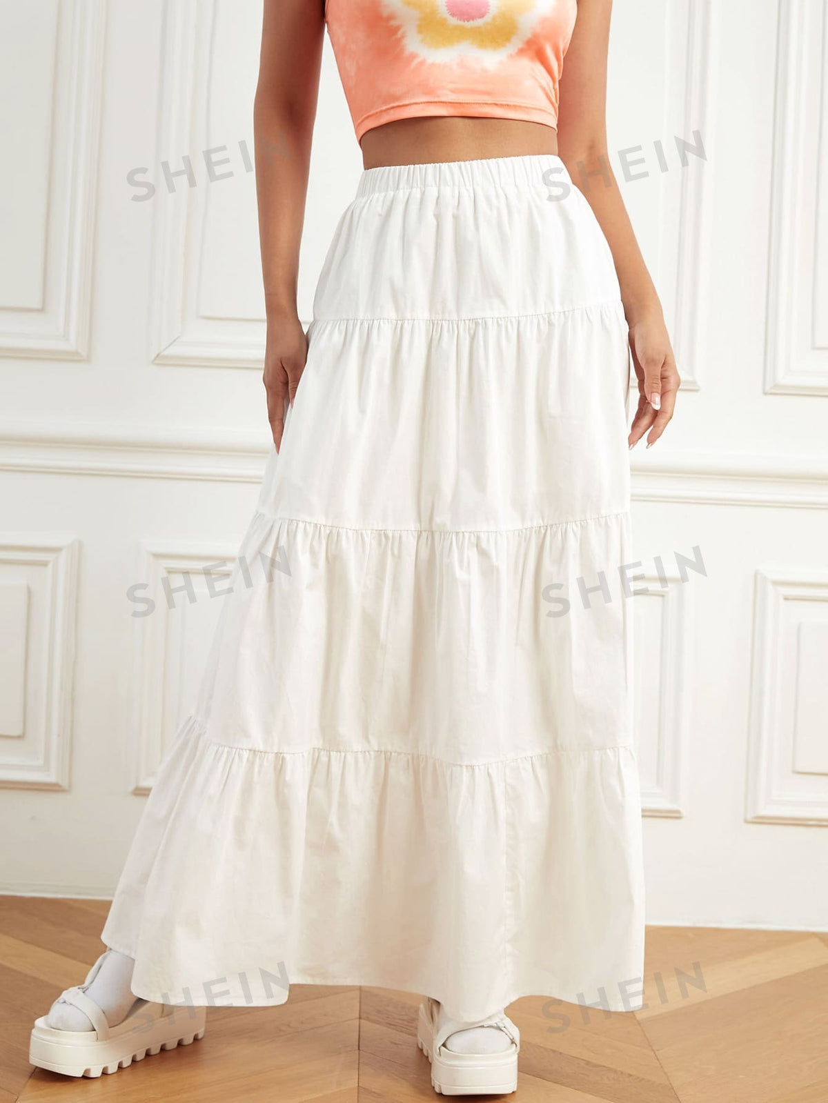 SHEIN EZwear Elastic Waist Ruffle Hem Skirt