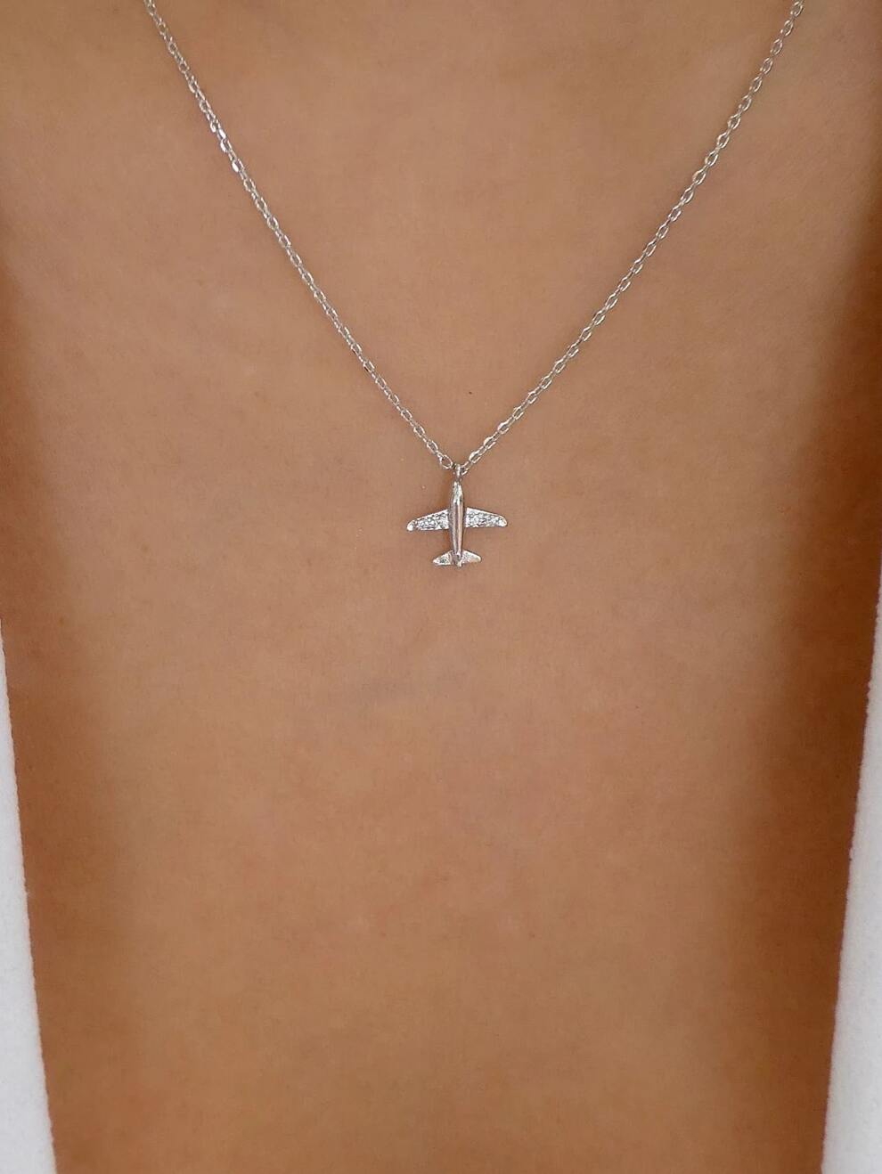 Rhinestone Airplane Charm Necklace