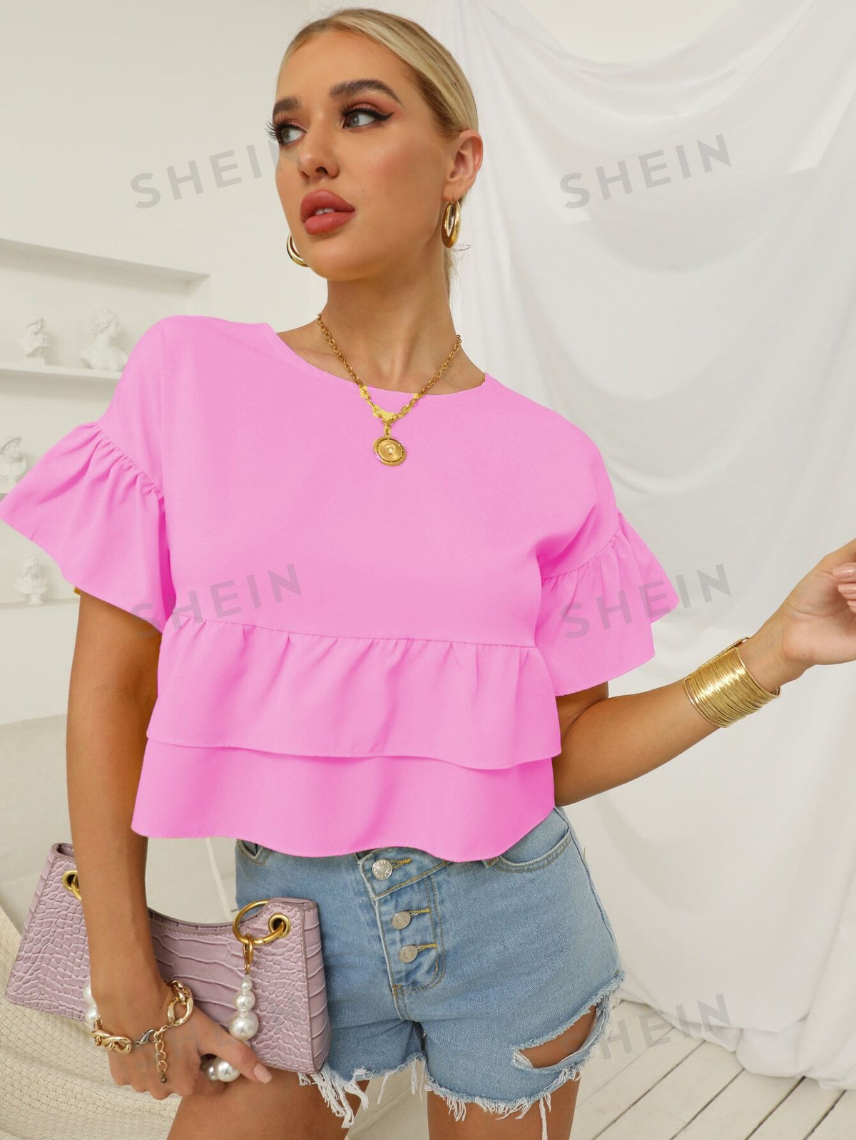 SHEIN Essnce Solid Color Cropped Blouse With Ruffle Hem