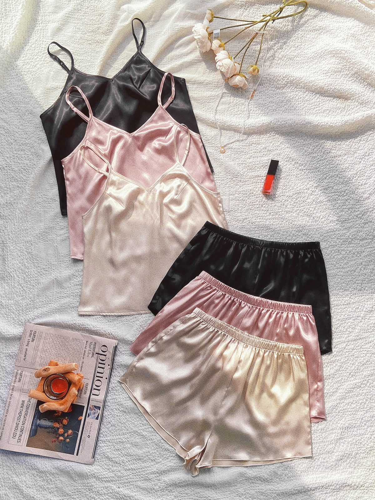 Solid Cami Satin 3 Top & 3 Shorts PJ Set / Pajama Set