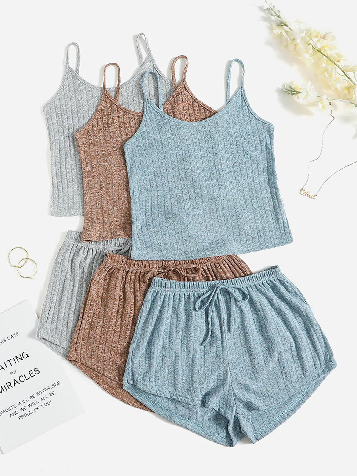 3pcs Ribbed Knit Cami Top & 3pcs Shorts Lounge Set