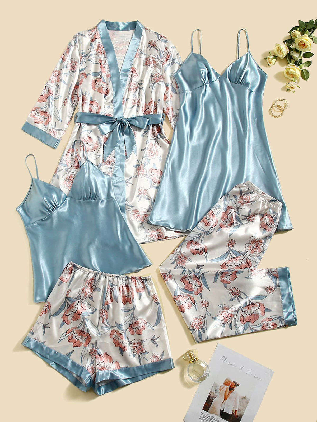 SHEIN Unity 5pcs Floral Print Belted Satin Robe & Cami Top & Night Dress & Pants & Shorts