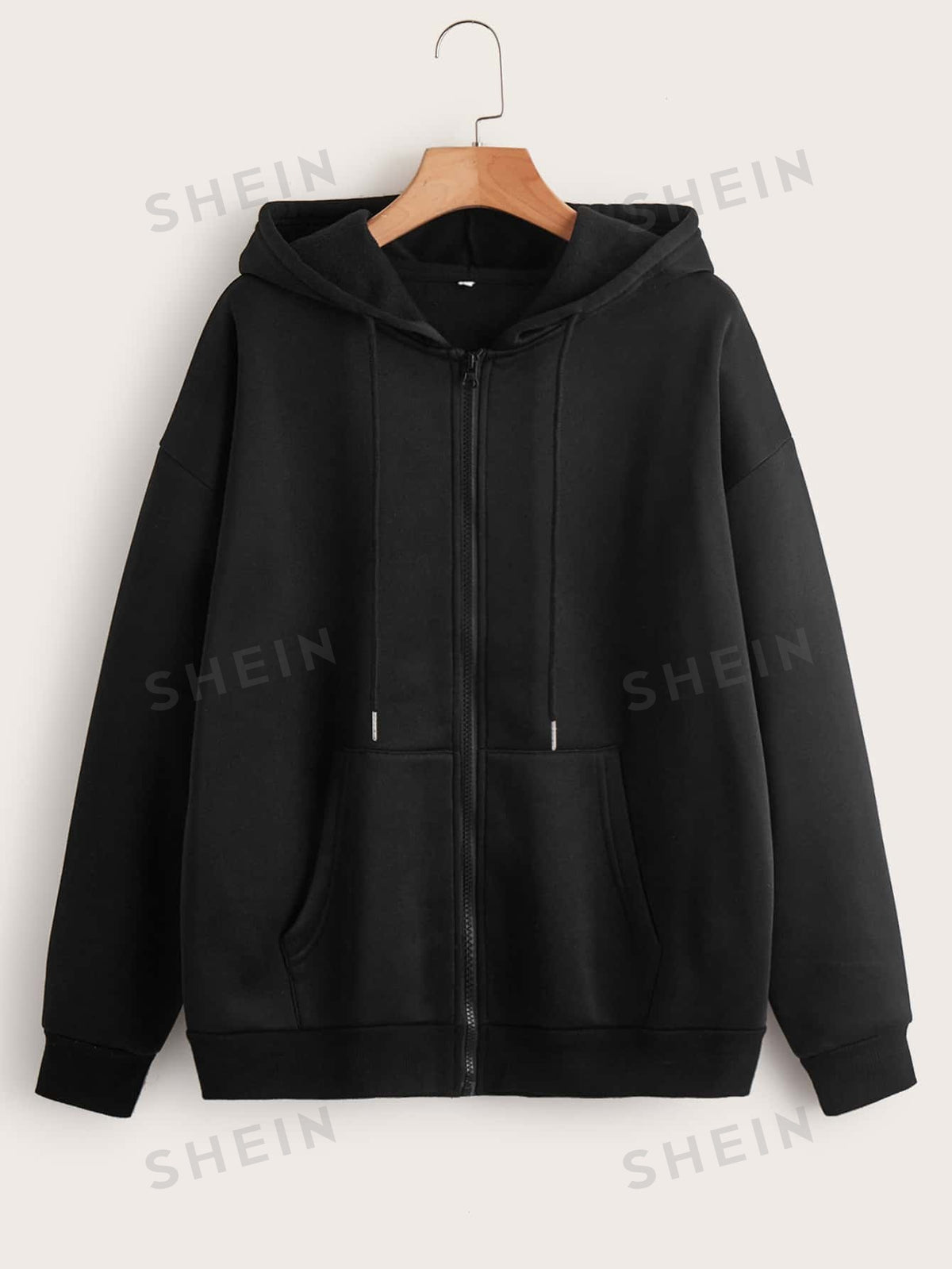 SHEIN EZwear Solid Zip Up Drawstring Thermal Lined Hoodie