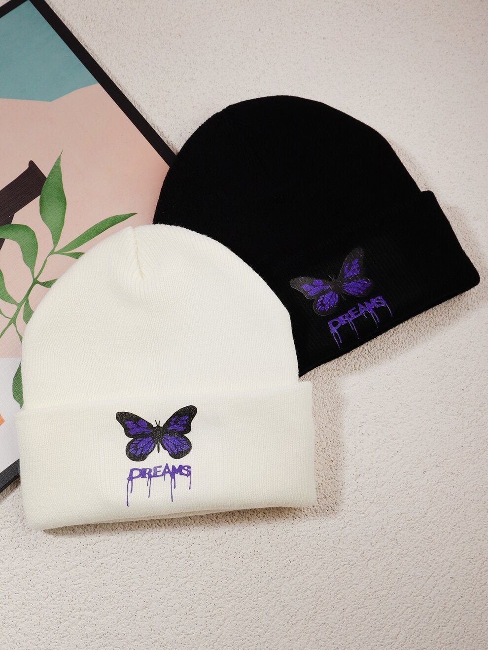 Street 2pcs Butterfly Print Beanie