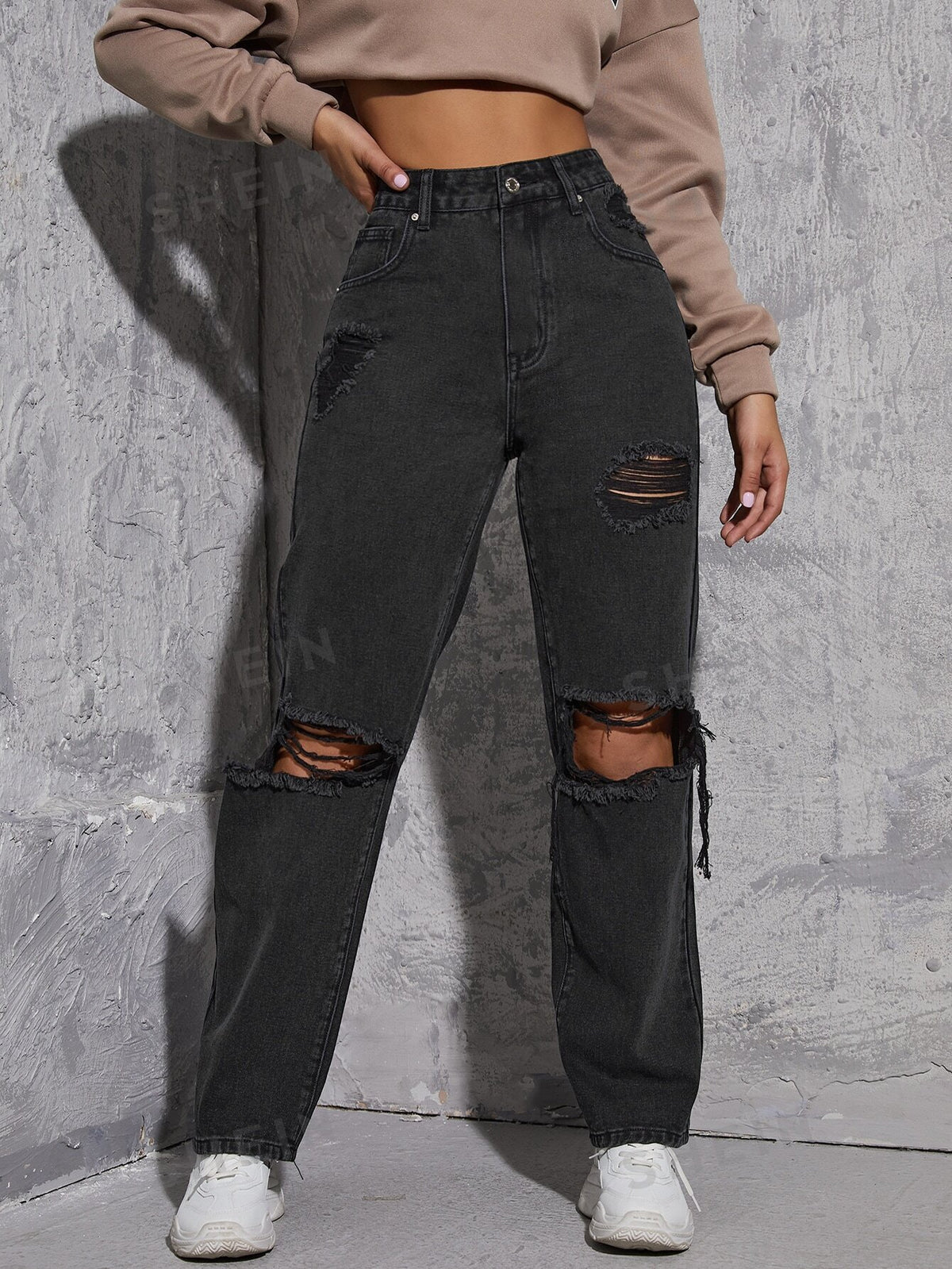 SHEIN EZwear High Waist Ripped Straight Leg Jeans