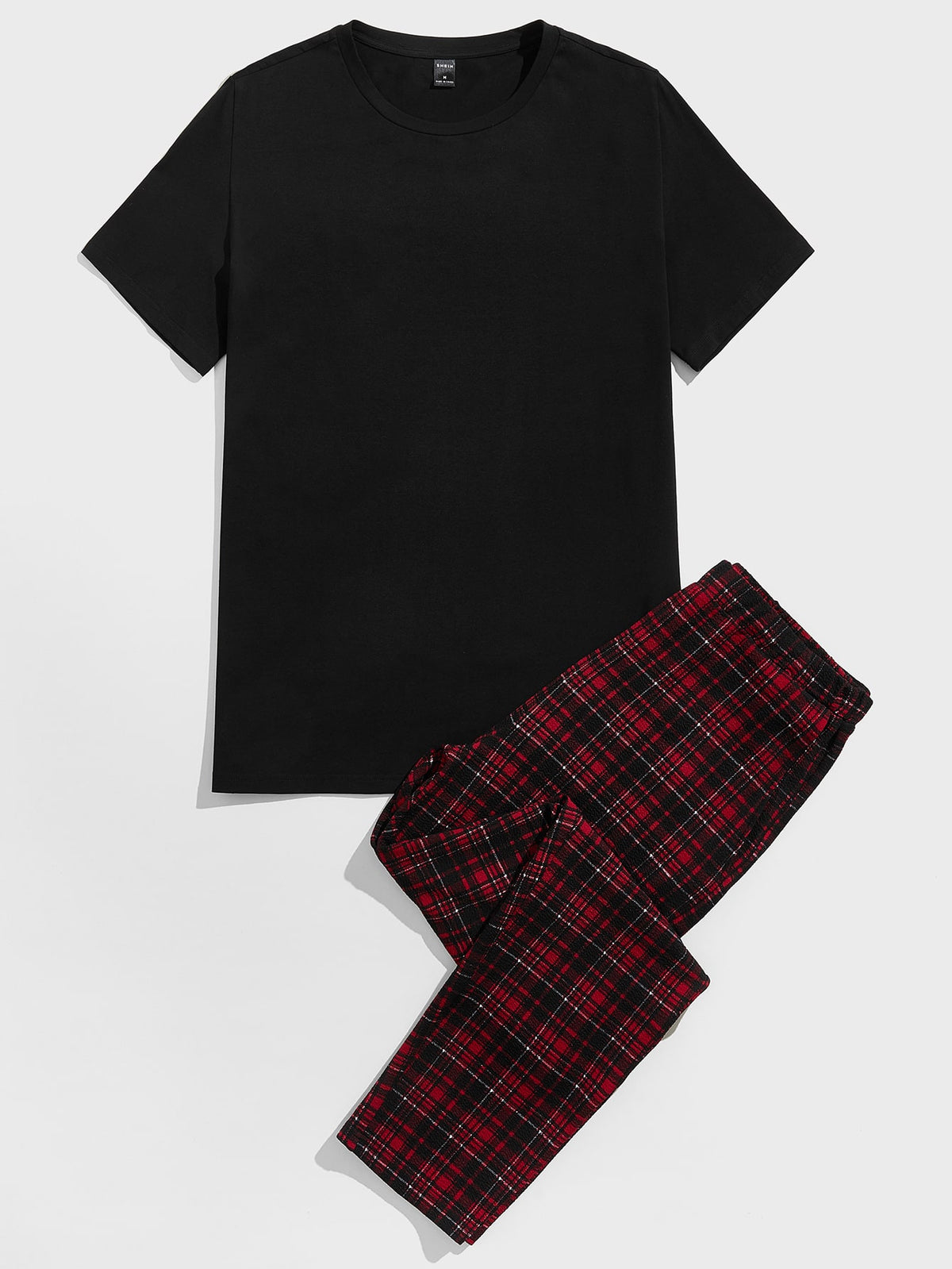 SHEIN Men Solid Tee & Plaid Pants PJ Set