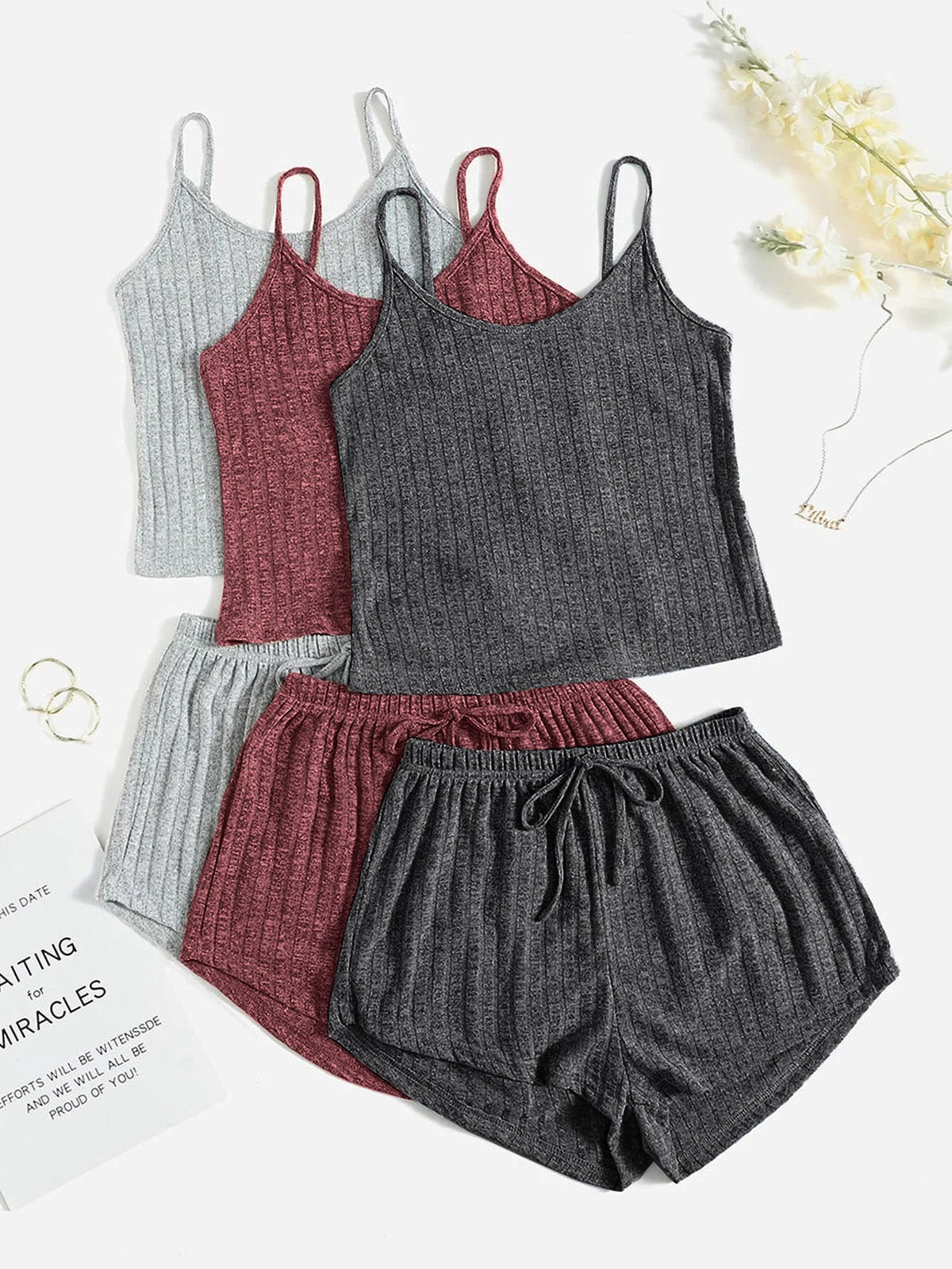 3pcs Ribbed Knit Cami Top & 3pcs Shorts Lounge Set