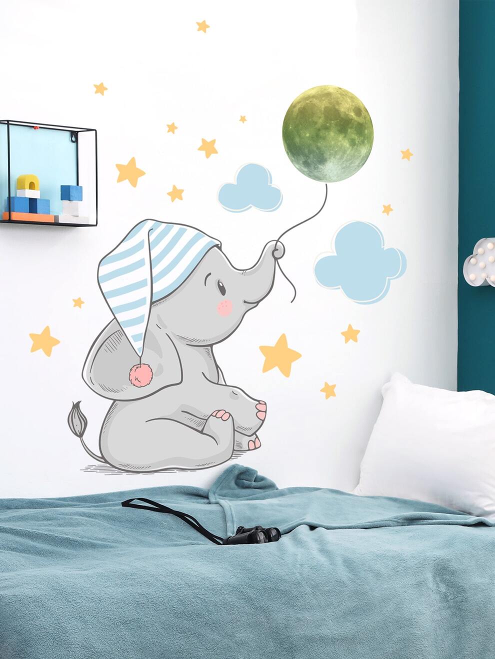 3pcs Elephant & Moon Print Wall Sticker, Cartoon Cute Self Adhesive Wall Art Decal For Home Decor