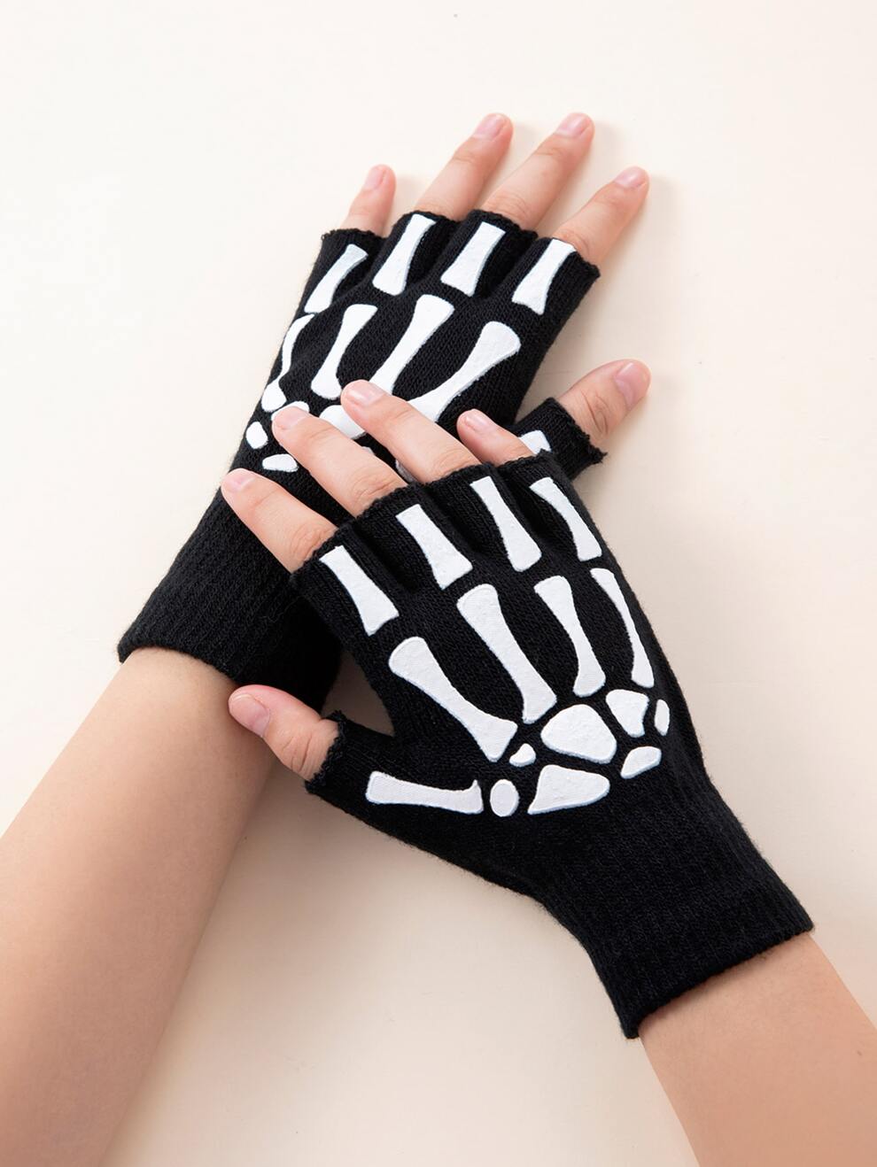 Street 1pair Skeleton Hand Print Open Finger Gloves For Men Women For Party