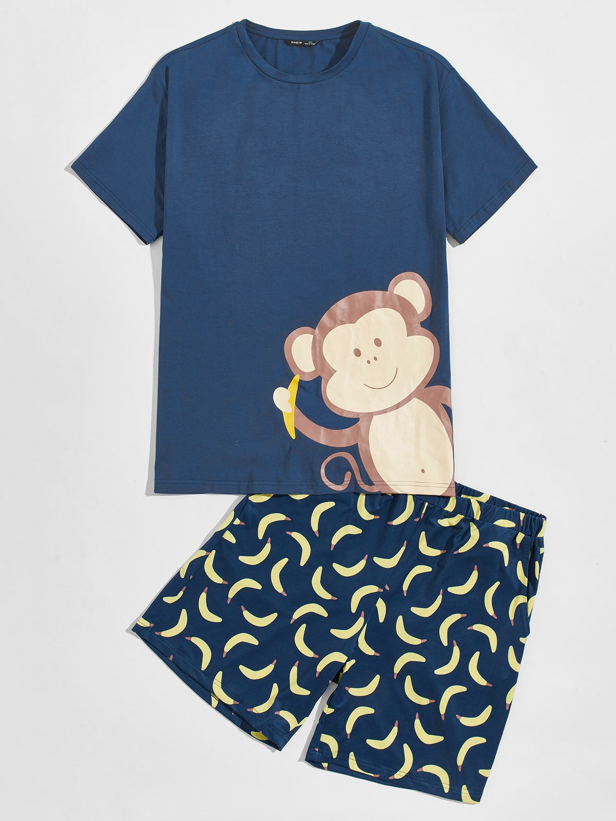 SHEIN Men Monkey Print Top & Banana Shorts PJ Set