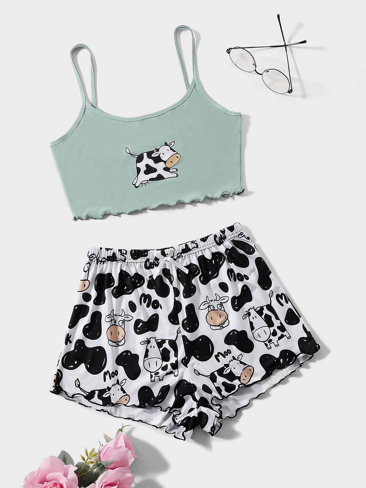 Cow Print Lettuce Trim PJ Set / Pajama Set