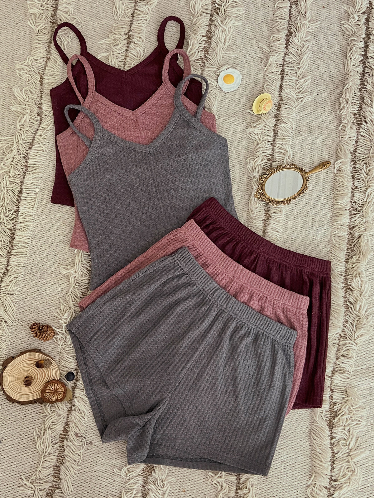 3sets Solid Cami Top & Shorts Lounge Set