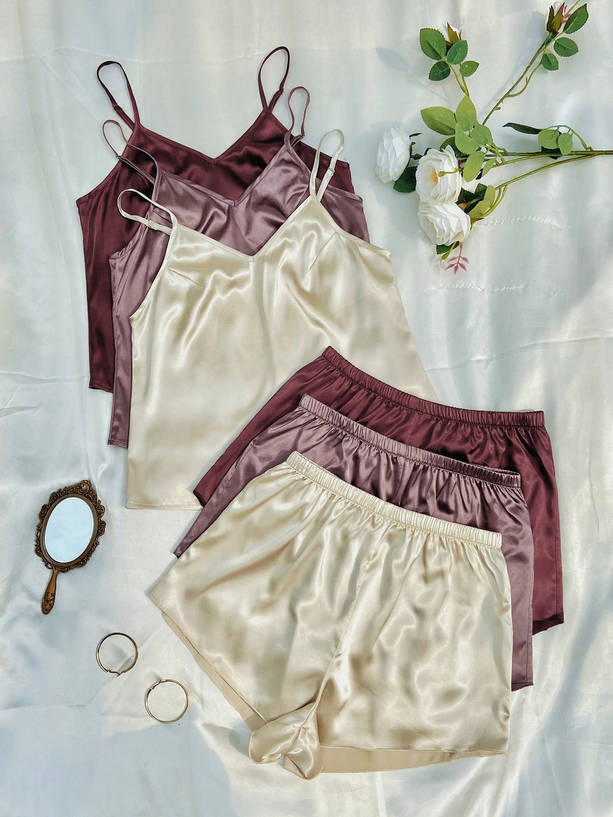 Solid Cami Satin 3 Top & 3 Shorts PJ Set / Pajama Set