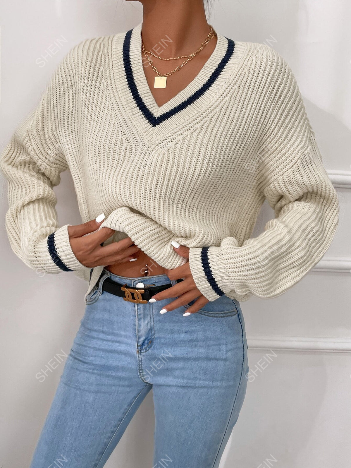 SHEIN Frenchy Striped Trim Drop Shoulder Cricket V Neck Sweater