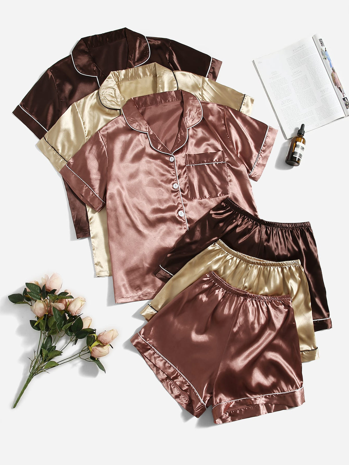 3pcs Satin Lapel Collar Ruched Front PJ Set / Pajama Set