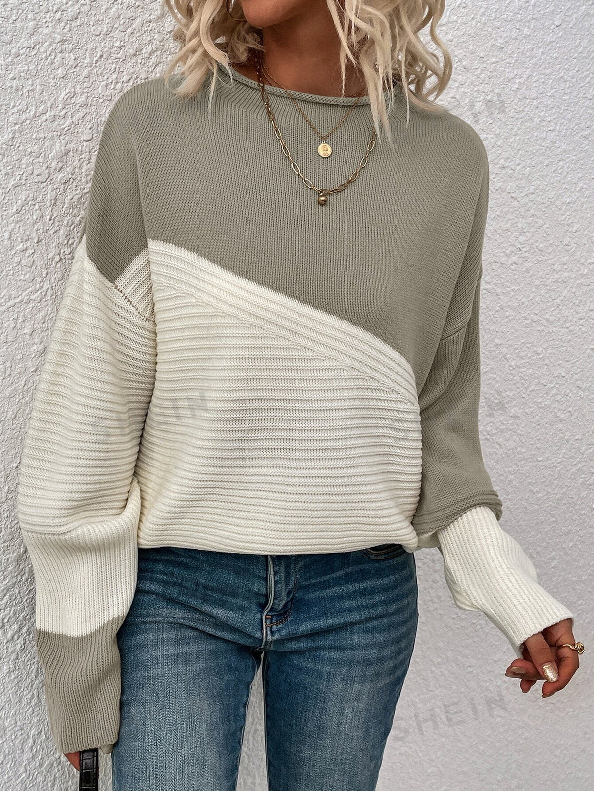 SHEIN LUNE Colorblock Pattern Drop Shoulder Sweater