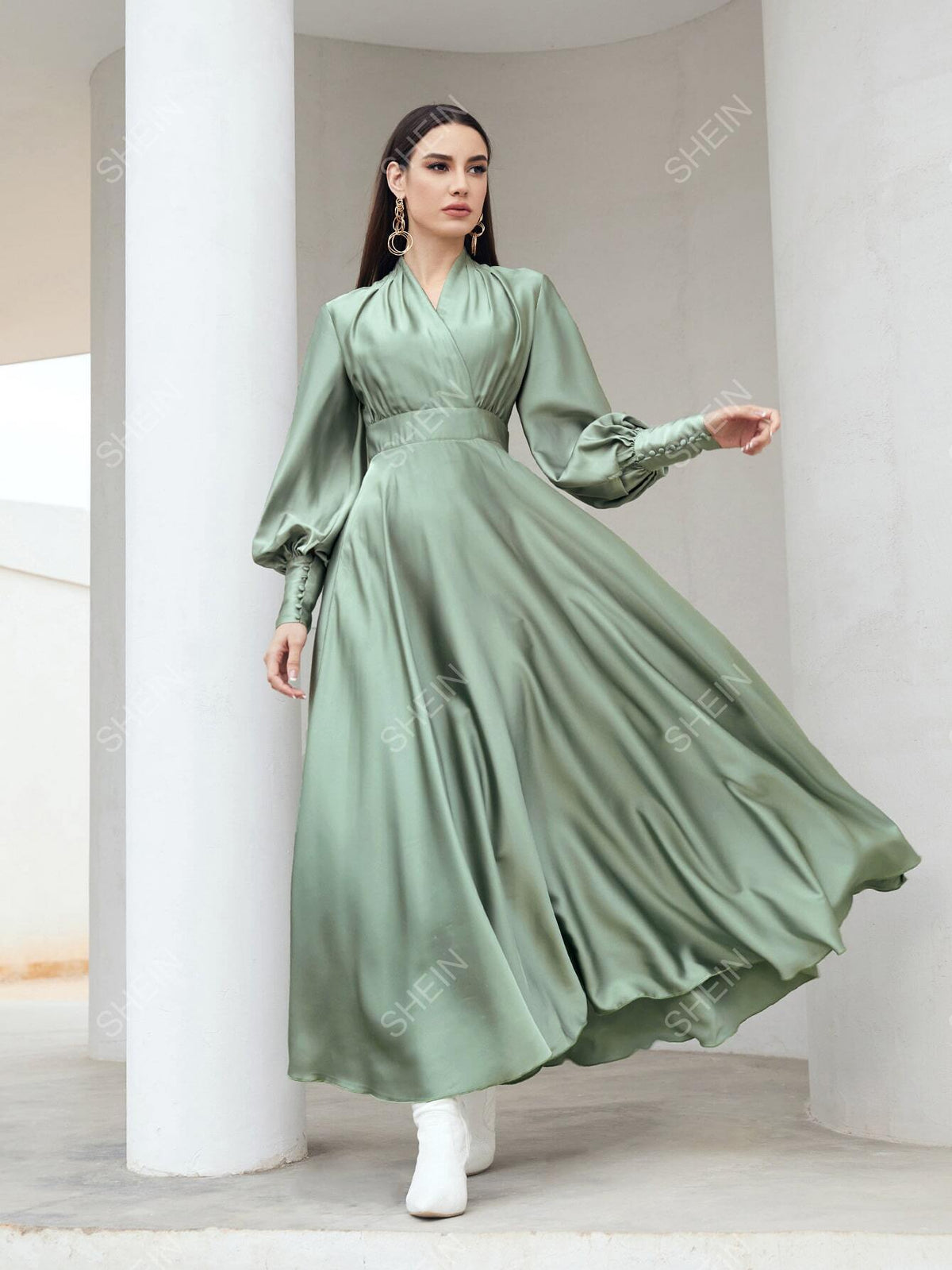 SHEIN Modely Lantern Sleeve Surplice Neck Dress Modest Dress