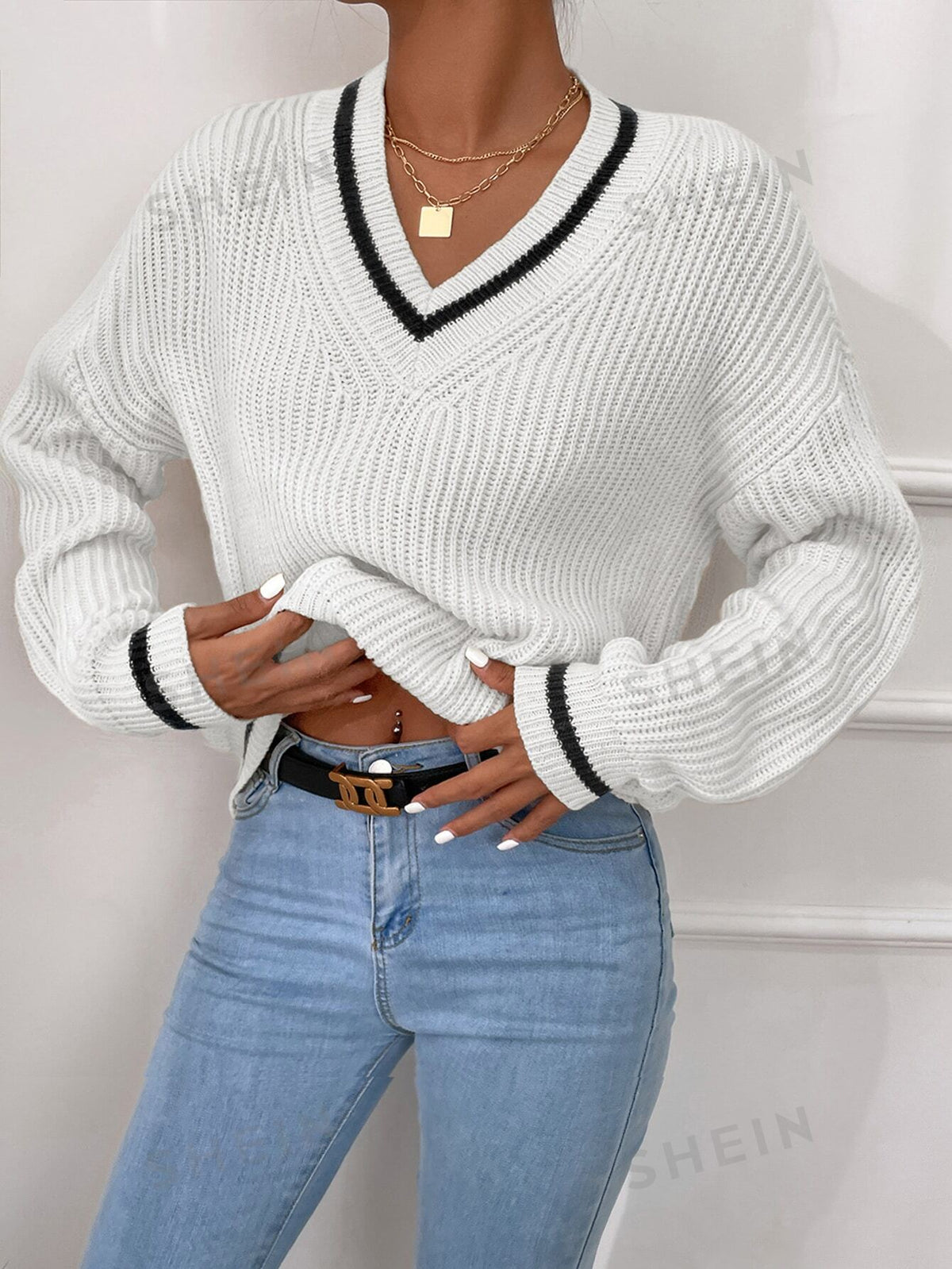 SHEIN Frenchy Striped Trim Drop Shoulder Cricket V Neck Sweater