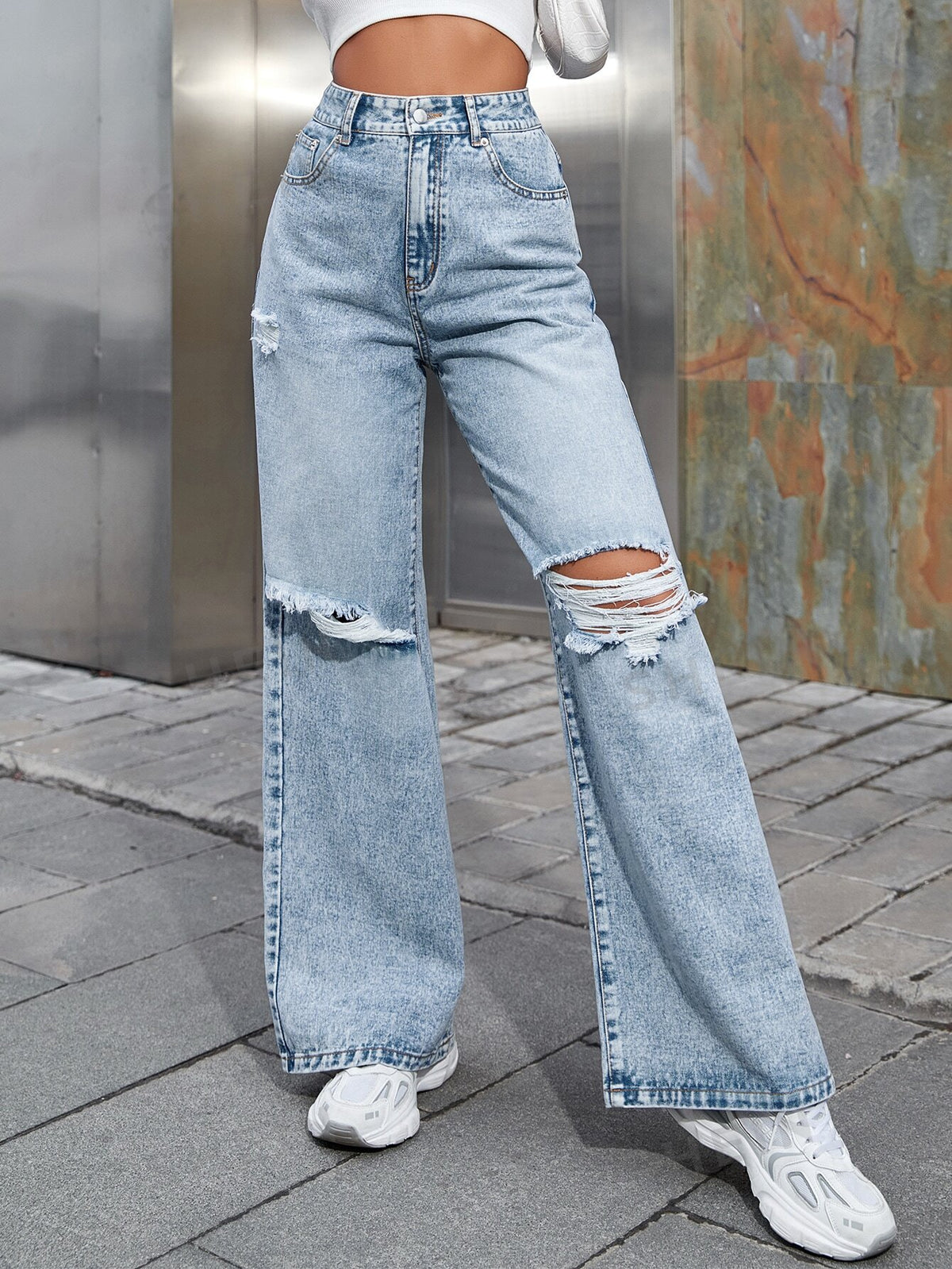 SHEIN EZwear High Waist Ripped Wide Leg Jeans