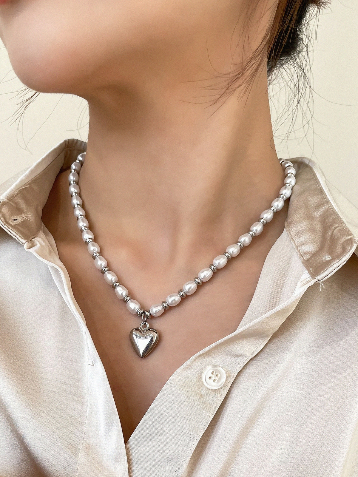 DAZY Heart Pendant Imitation Faux Pearl  Beaded Chain Necklace