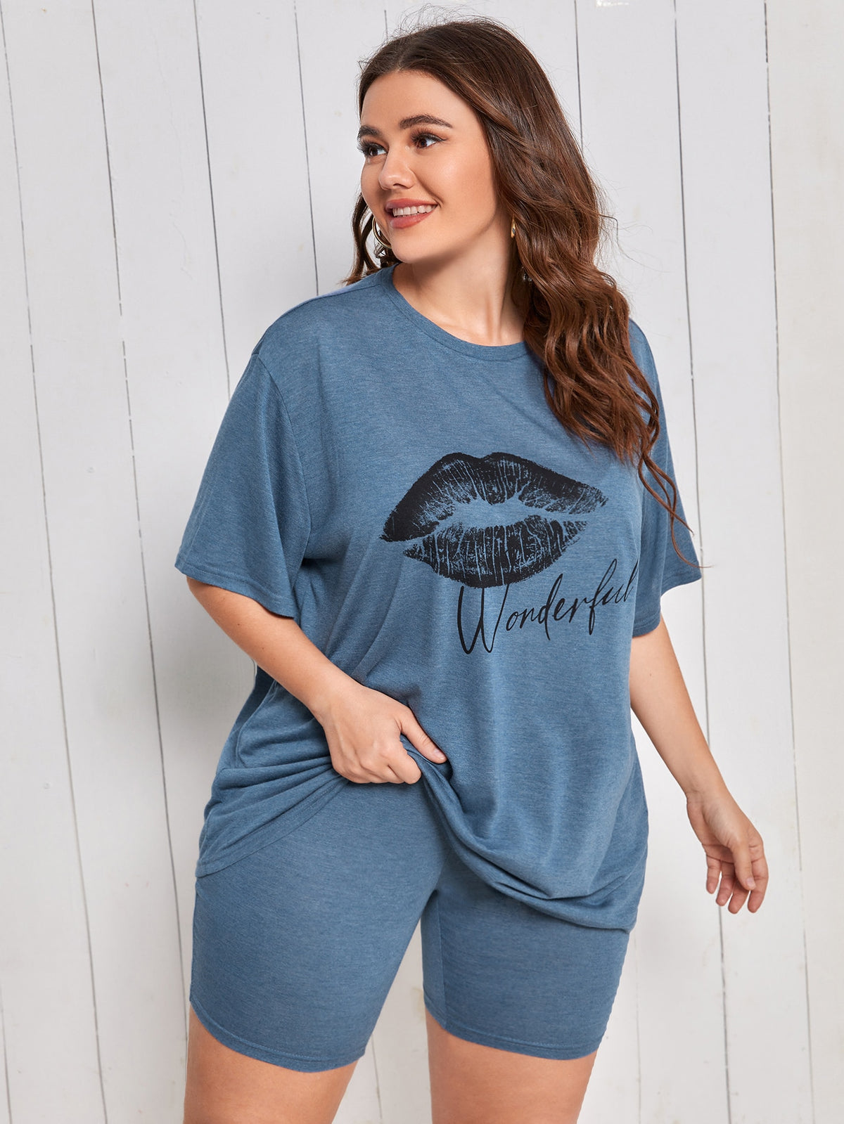 SHEIN Plus Mouth Print Tee & Biker Shorts PJ Set