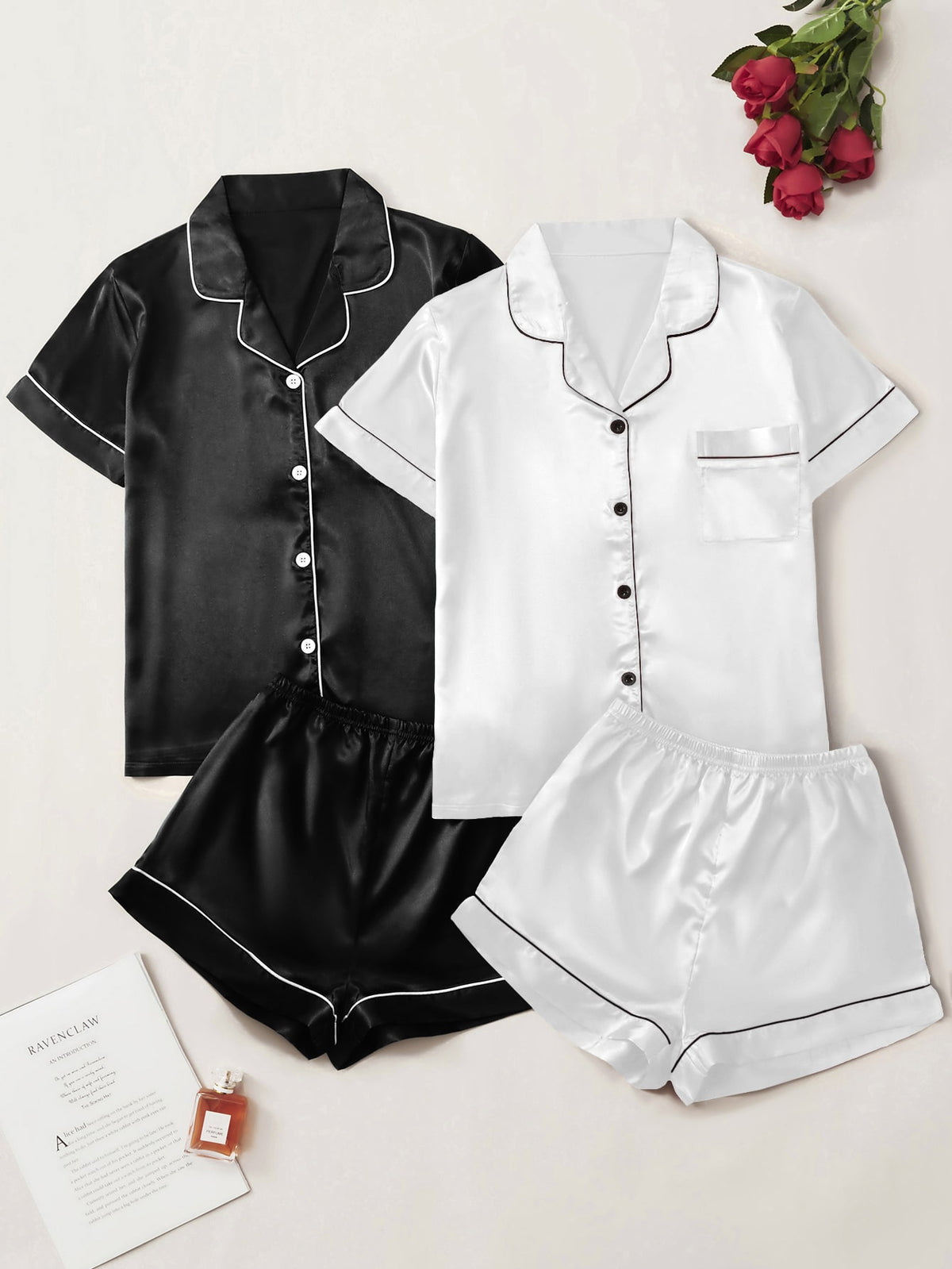 Satin Contrast Binding 2 Pcs Blouse & 2 Pcs Shorts