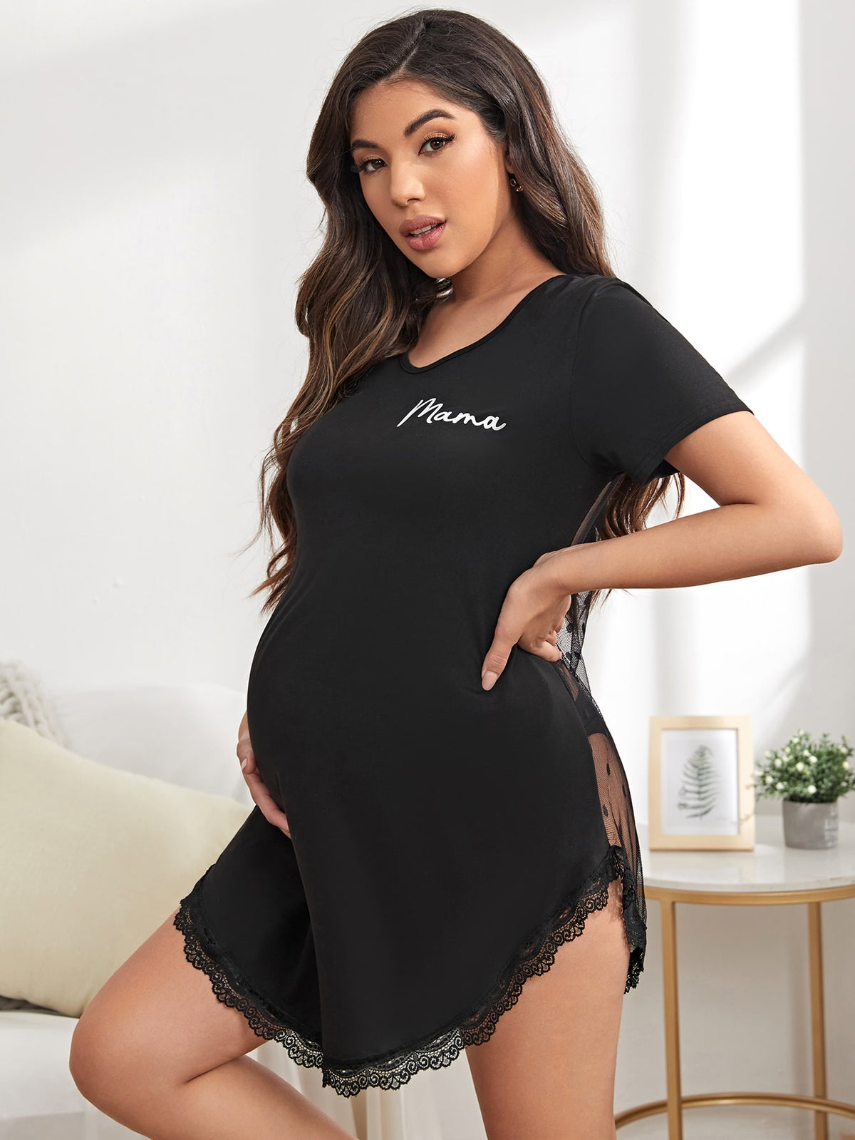 SHEIN Maternity Letter Graphic Lace Trim Sheer Lounge Dress Without Panty For Mother