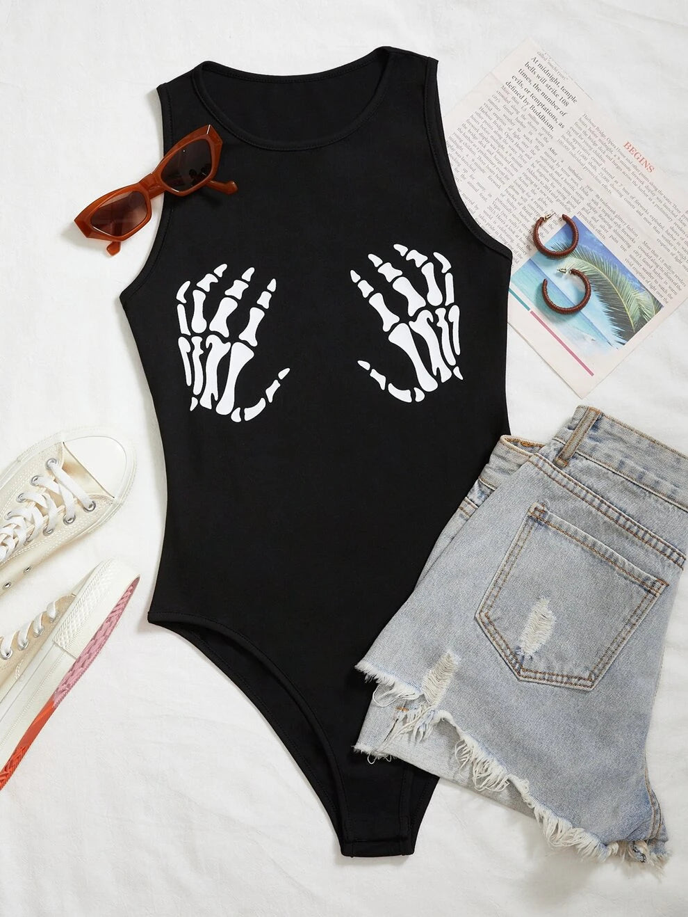 SHEIN EZwear Skeleton Hand Print Tank Bodysuit