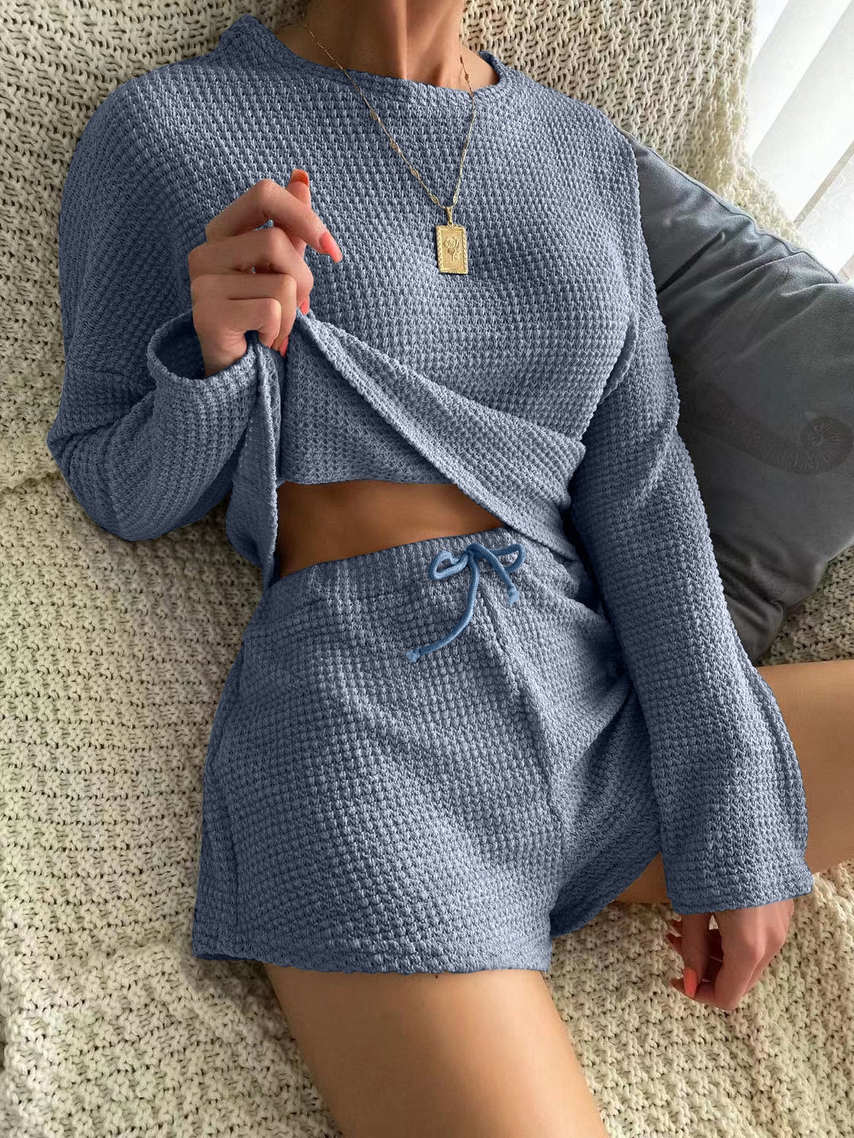 Waffle Knit Top & Shorts Lounge Set