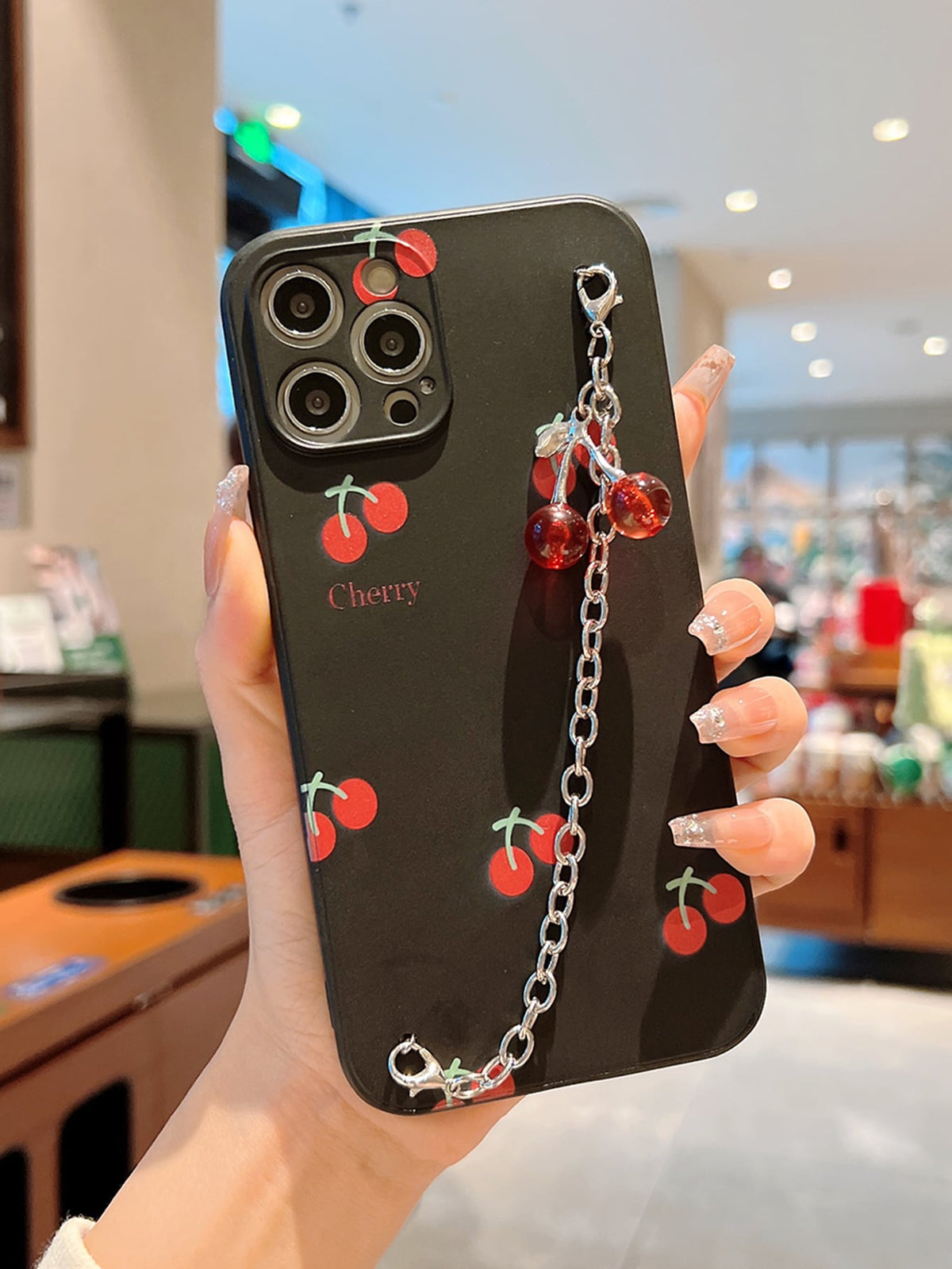 Cherry Painted Phone Case With Chain Hand Strap