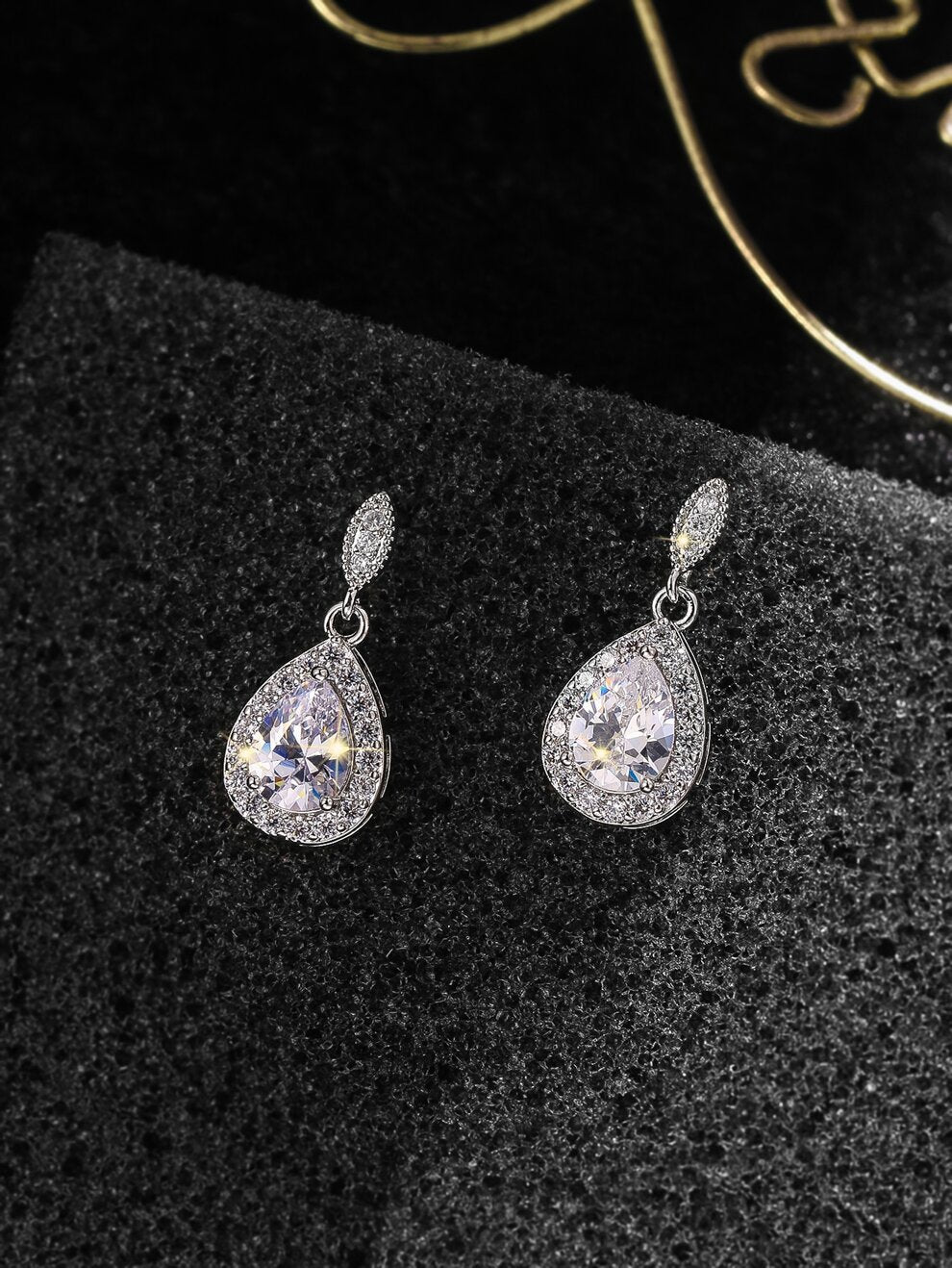 Cubic Zirconia Decor Water Drop Earrings