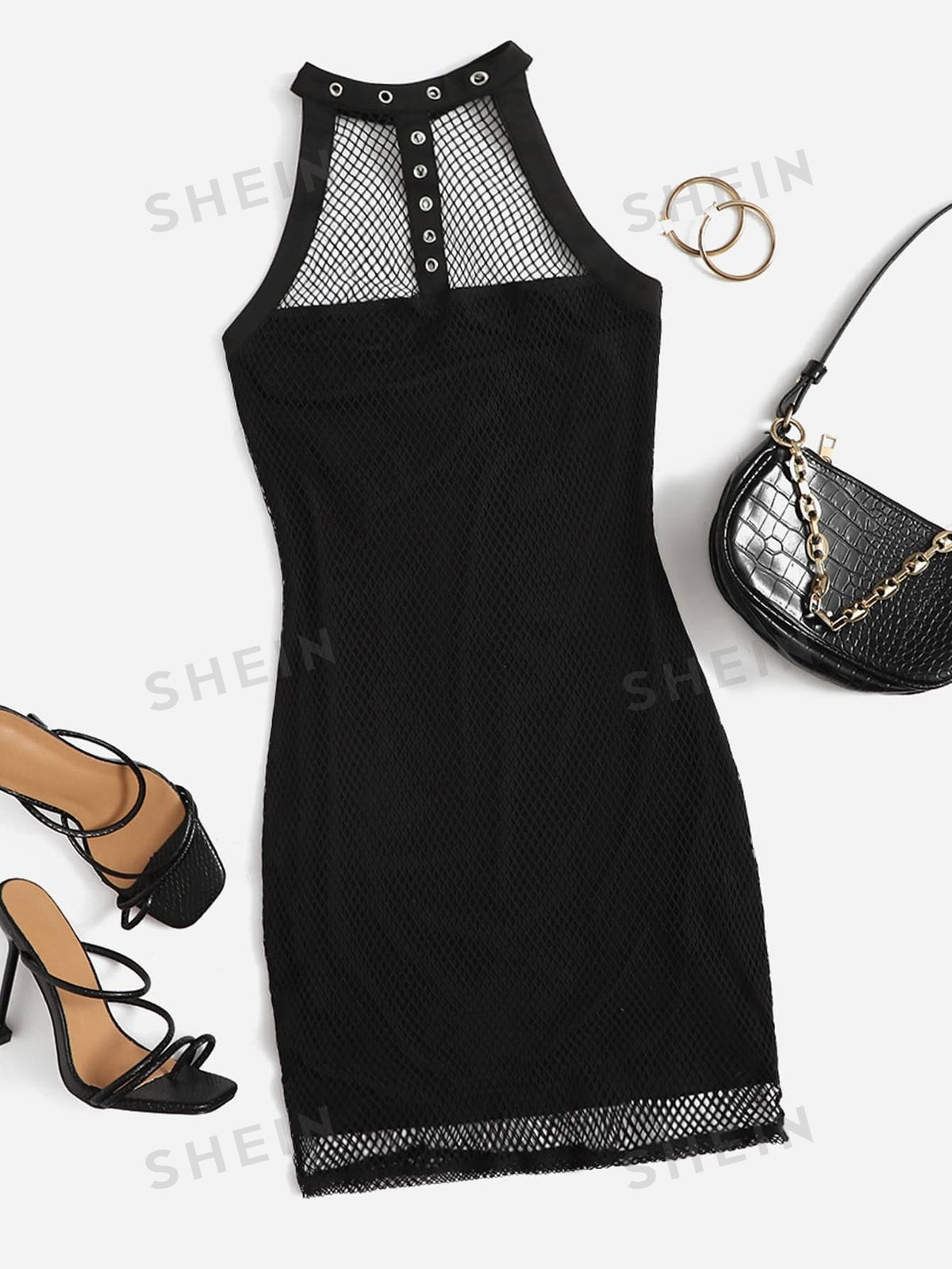 SHEIN Privé Grommet Eyelet Neck Open Back Fishnet Mesh Overlay Dress