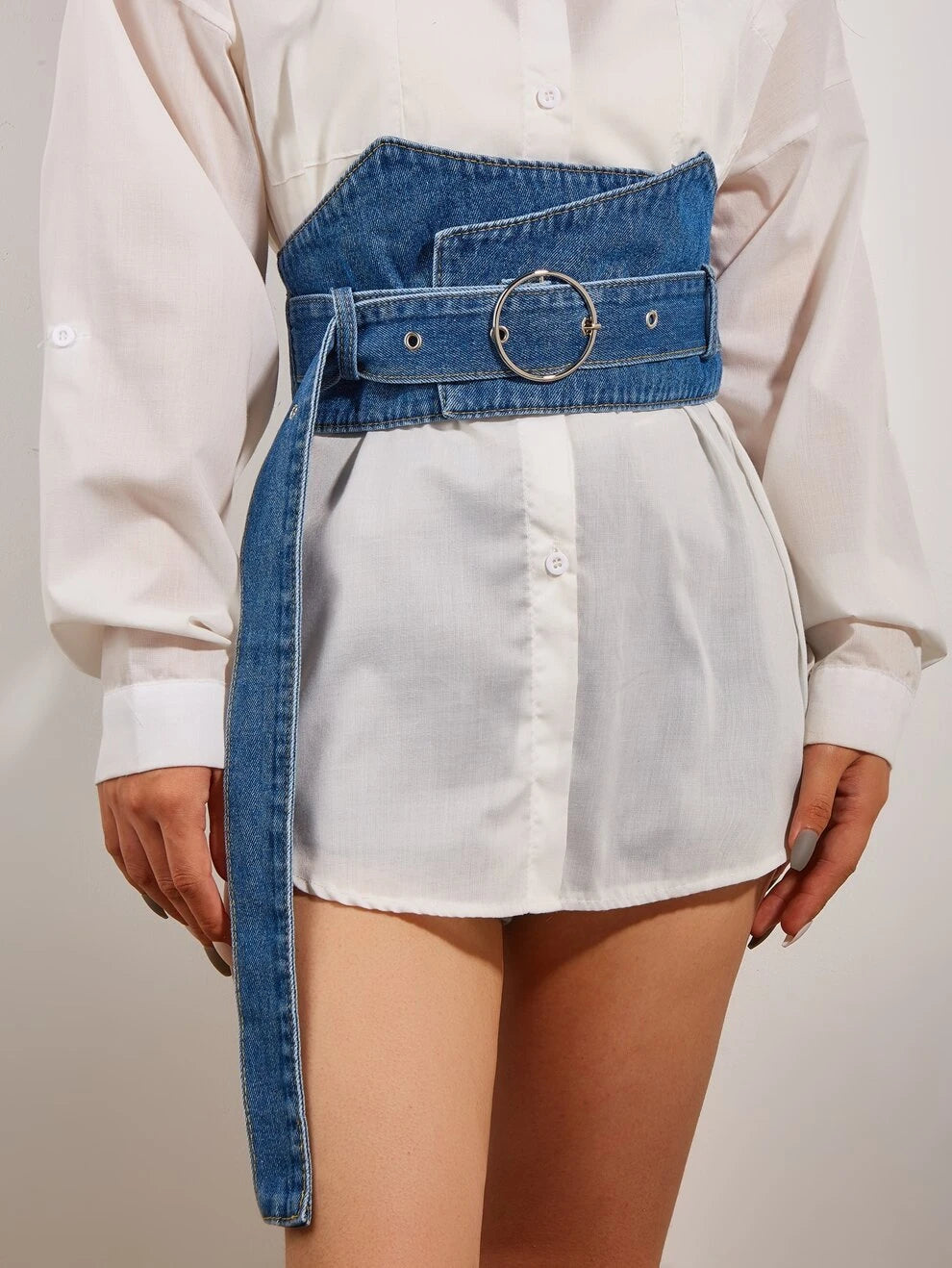 Back To School Simple Denim Shirt, Knit Skirt, Denim Belt For Women, Long Tail