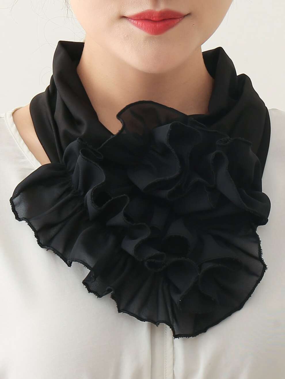 1pc Black Solid Color Casual Flower Decor Neck Collar Ruffles Fake Collar Elegant Women Neckerchief Detachable Neck Gaiter Warm Scarf Infinity Scarf